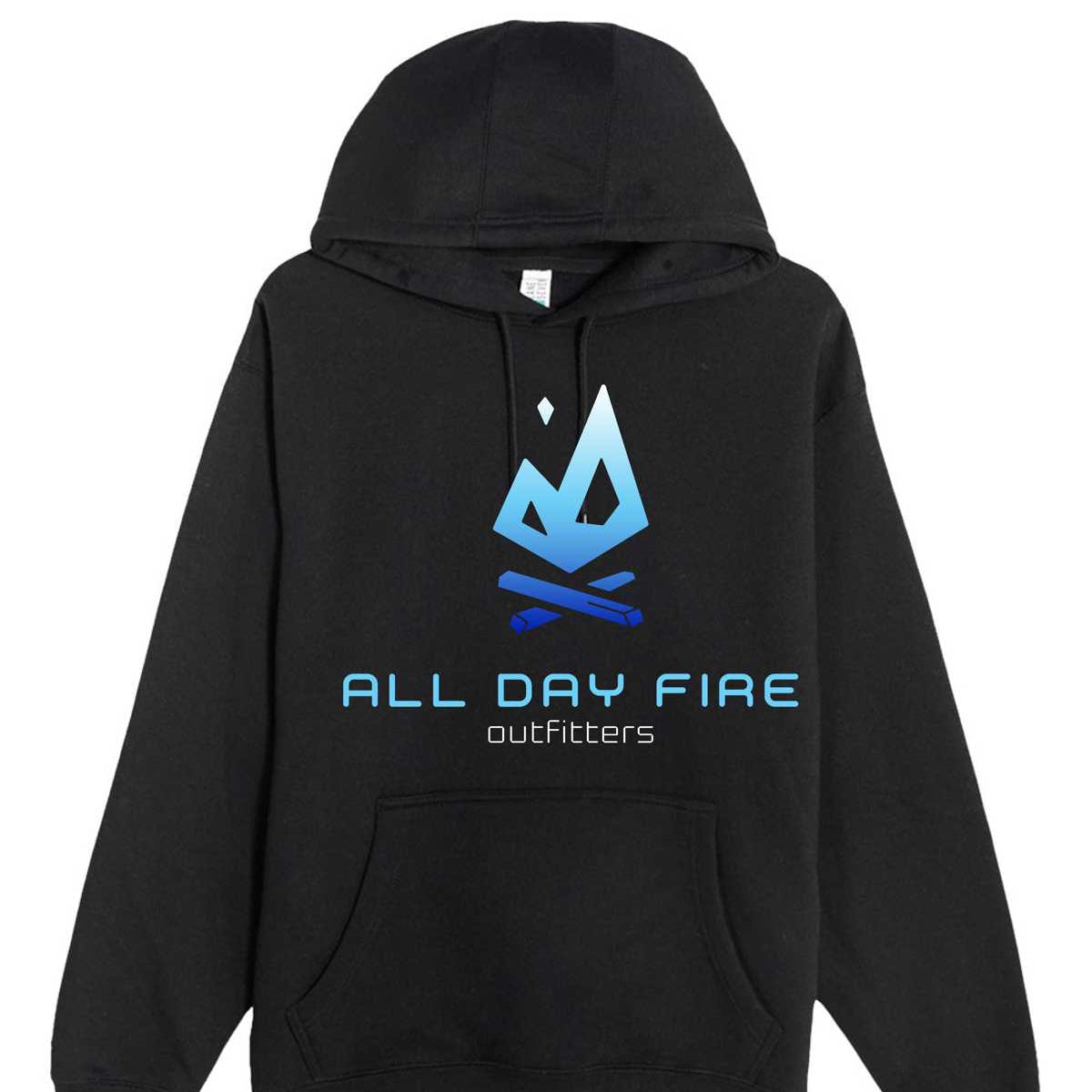 Black camping hoodie featuring the full front All Day Fire Outfitters logo in blue gradient. Soft cotton poly blend built for outdoor comfort.