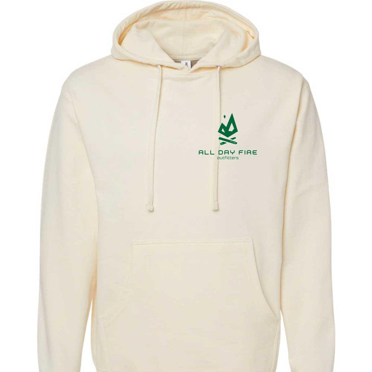 Bone-colored unisex camping hoodie with green All Day Fire Outfitters logo patch. Comfortable outdoor hoodie made for campfire living and adventure.