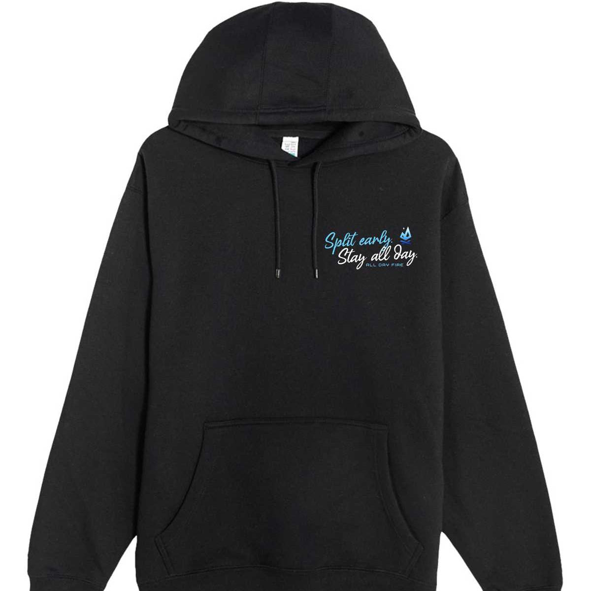 Front: Black camping hoodie with “Split Early Stay All Day” front patch and All Day Fire Outfitters logo.
