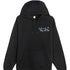 Front: Black camping hoodie with “Split Early Stay All Day” front patch and All Day Fire Outfitters logo.