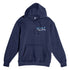 Front: Navy camping hoodie with “Split Early Stay All Day” front patch and small All Day Fire Outfitters logo.