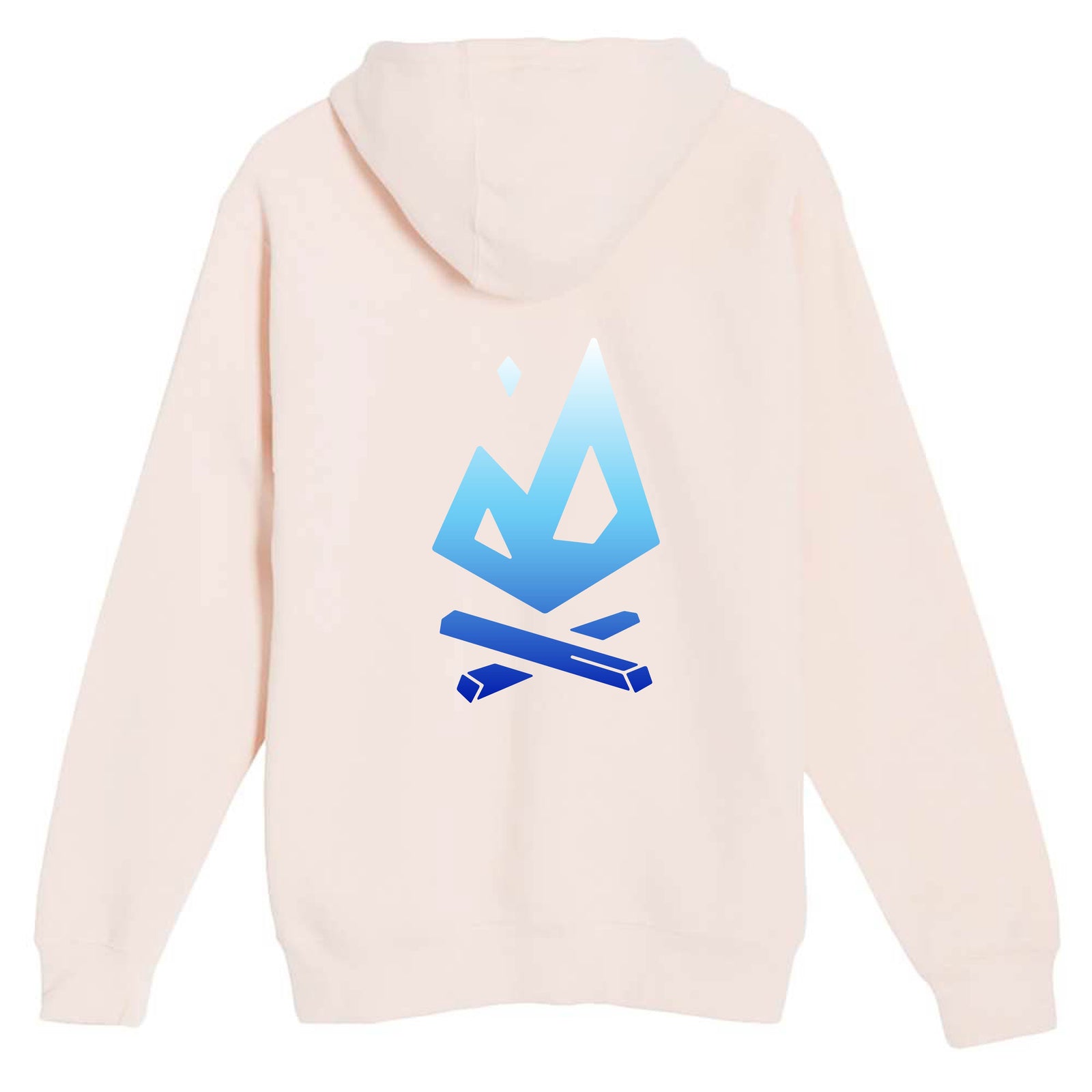Back: Pale pink hoodie featuring large blue flame All Day Fire Outfitters logo on back. Soft cotton poly blend for outdoor comfort.