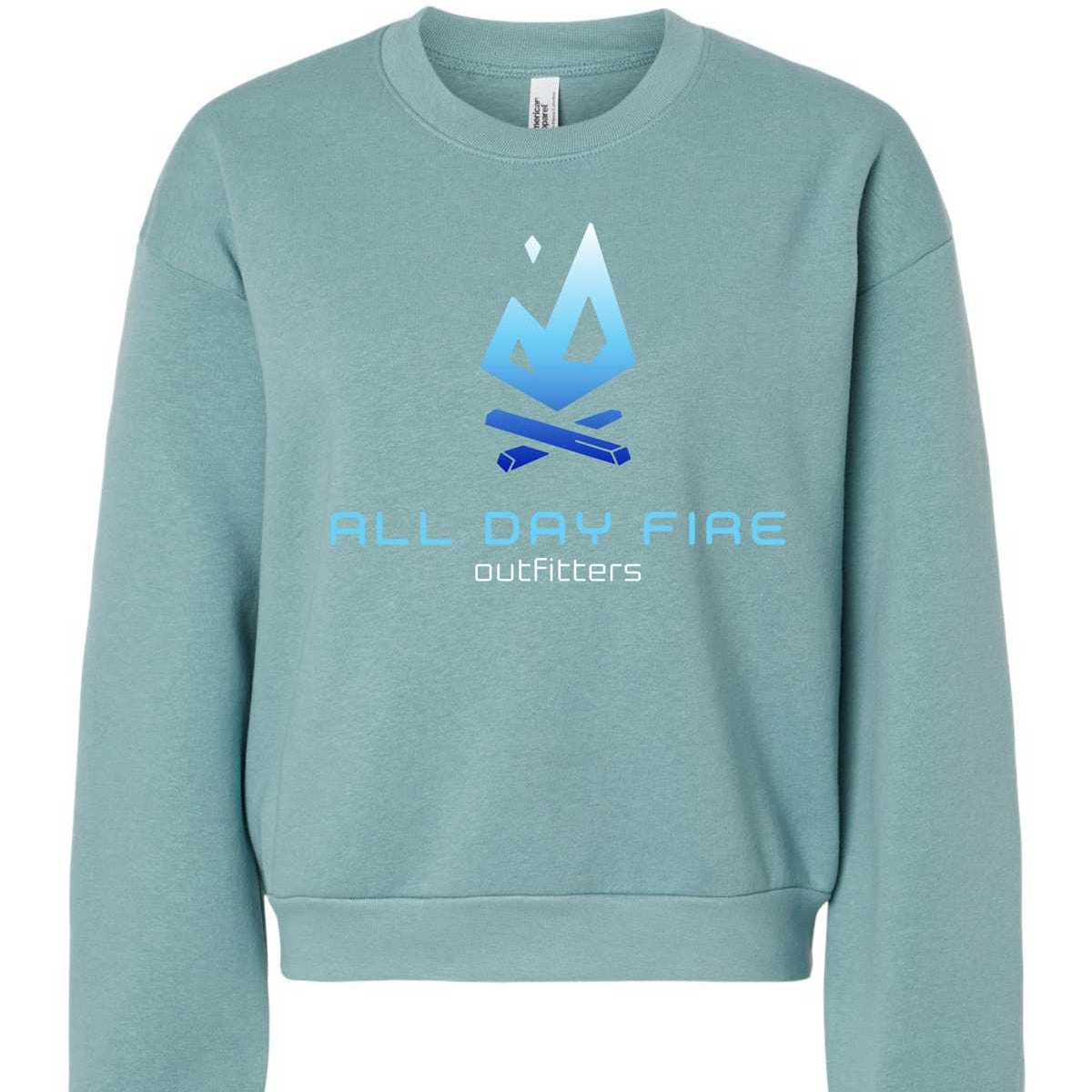Arctic semi-cropped crewneck sweatshirt featuring the full All Day Fire Outfitters logo in a blue gradient. Soft cotton poly blend designed for outdoor comfort.