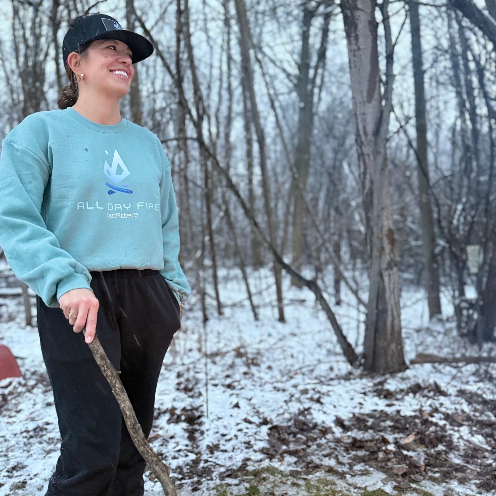 Arctic semi-cropped crewneck sweatshirt featuring the full All Day Fire Outfitters logo in a blue gradient. Soft cotton poly blend designed for outdoor comfort.