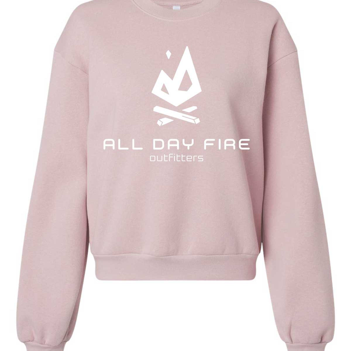 Blush semi-cropped crewneck sweatshirt featuring the white All Day Fire Outfitters logo on the front. Soft cotton poly blend designed for outdoor comfort.