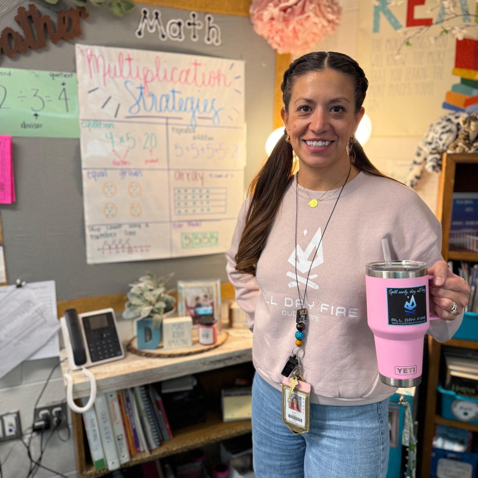 Blush semi-cropped crewneck sweatshirt featuring the white All Day Fire Outfitters logo on the front. Soft cotton poly blend designed for outdoor comfort.