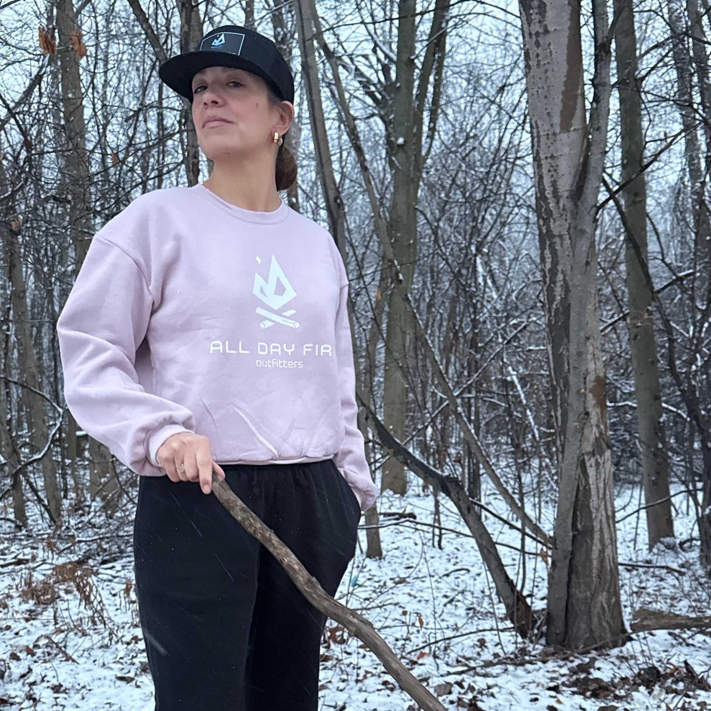 Blush semi-cropped crewneck sweatshirt featuring the white All Day Fire Outfitters logo on the front. Soft cotton poly blend designed for outdoor comfort.
