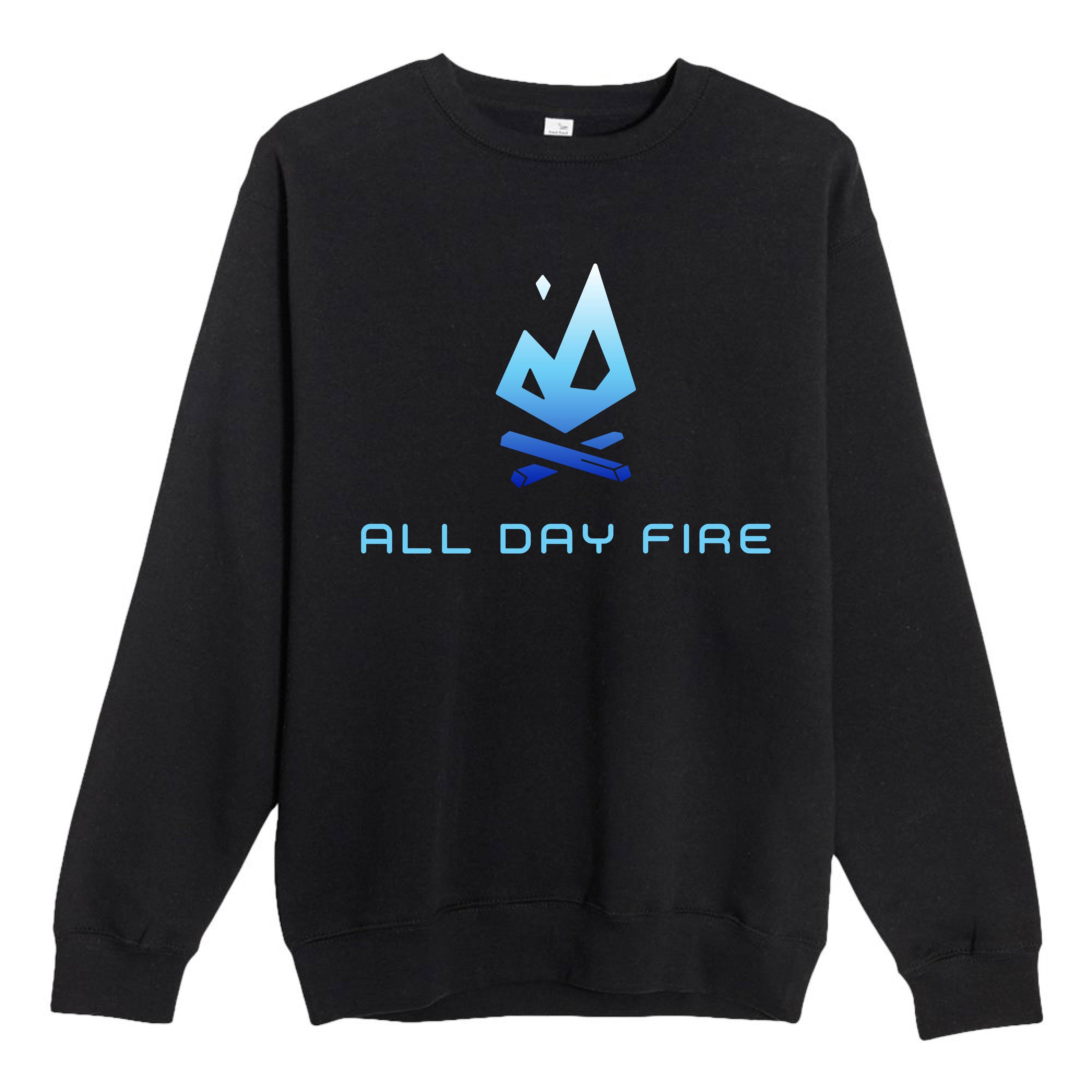 Black crewneck sweatshirt with All Day Fire Outfitters logo. Soft cotton-poly blend perfect for camping, bonfires, and outdoor comfort.