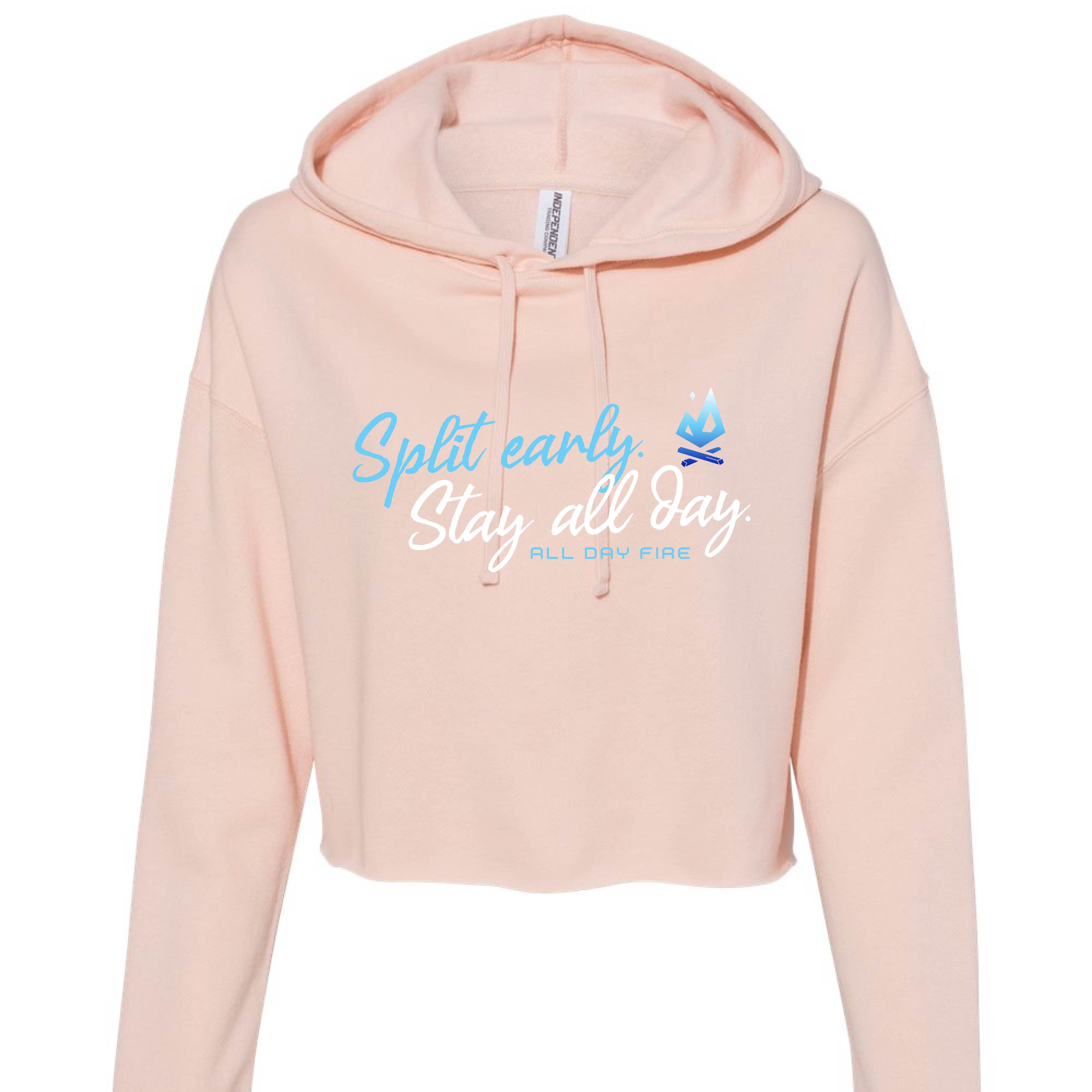 Blush cropped hoodie with Split Early Stay All Day slogan and All Day Fire logo. Lightweight women’s hoodie for comfort at camp or at home.