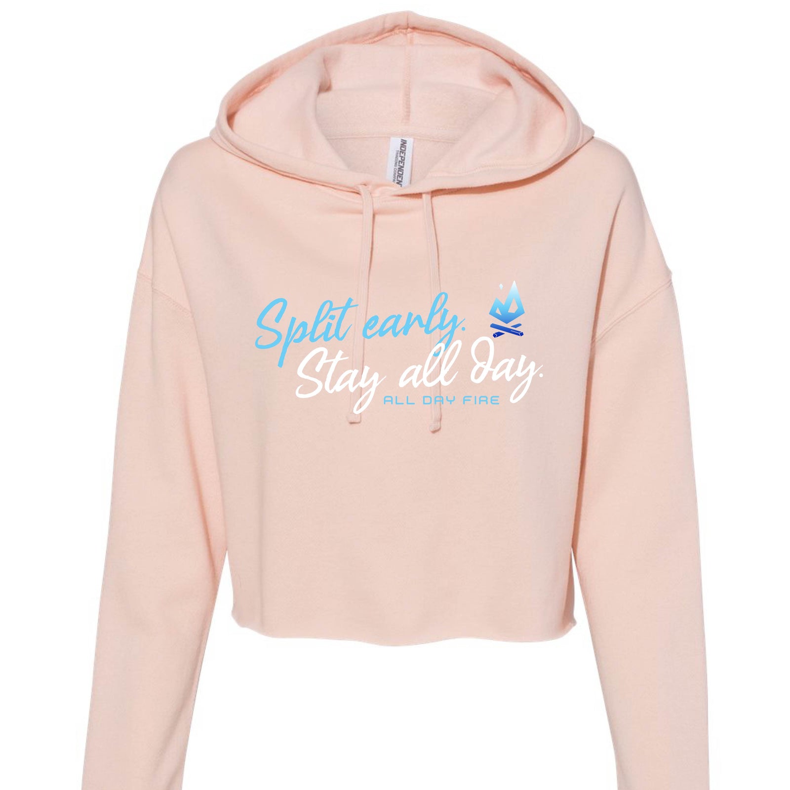 Blush cropped hoodie with Split Early Stay All Day slogan and All Day Fire logo. Lightweight women’s hoodie for comfort at camp or at home.