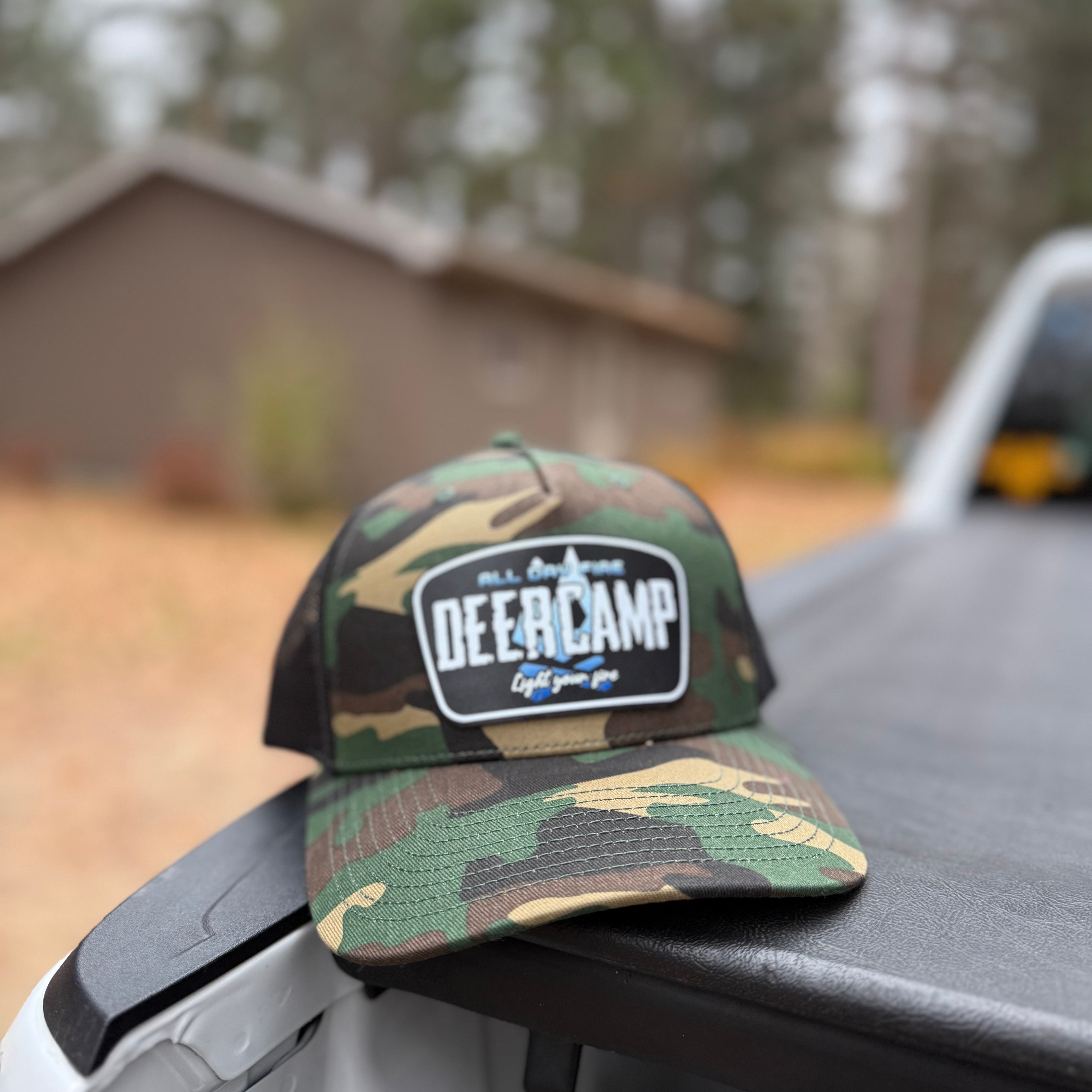 All Day Fire Outfitters Deer Camp snapback hat in army camo and black with Light Your Fire patch. Classic hunting and camping hat.