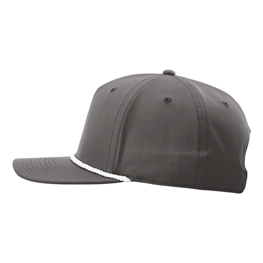 Side view of the All Day Fire embroidered rope snapback hat in grey with white rope. Features structured Richardson 258 design for a clean, outdoor look.