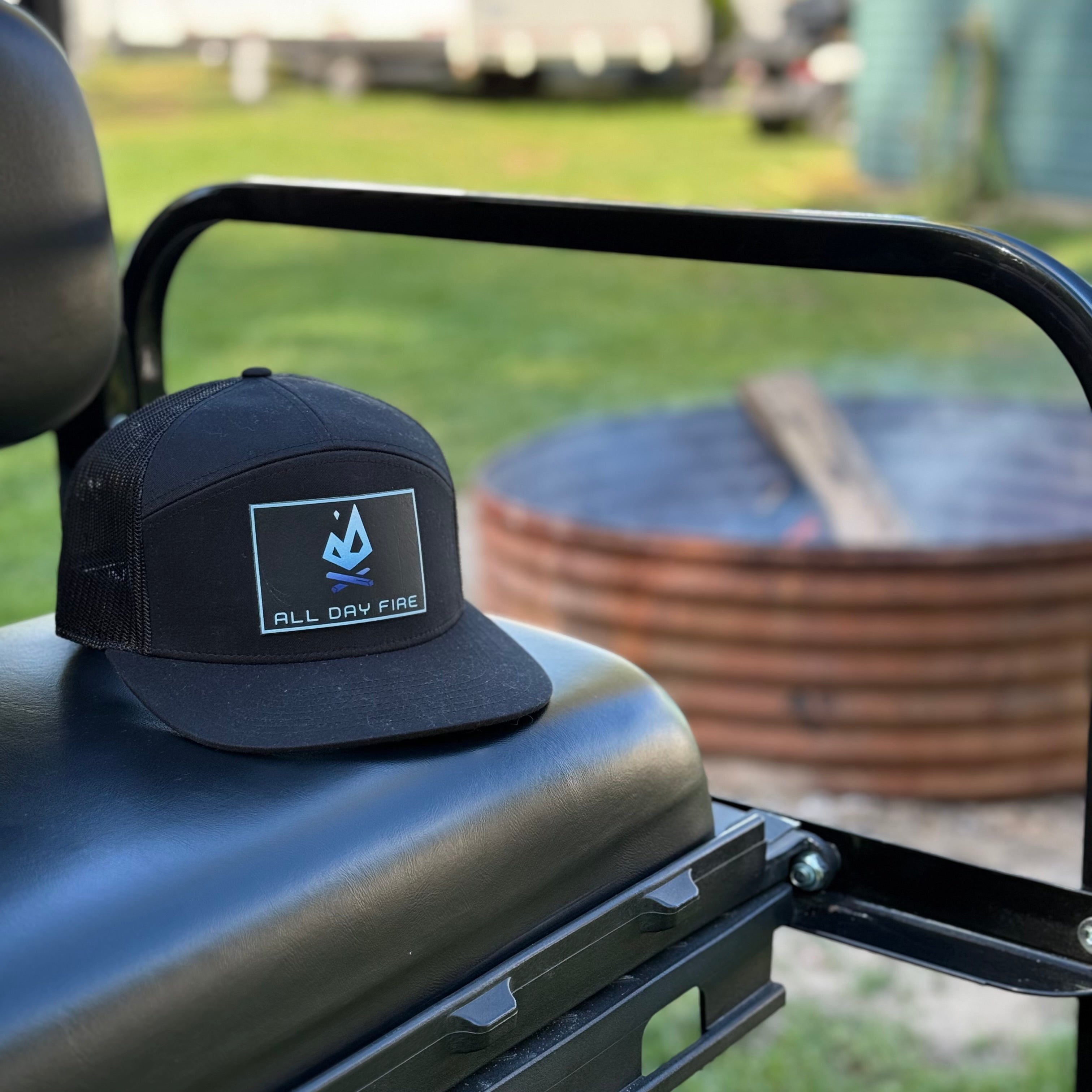 Black Richardson 168 7 panel snapback with All Day Fire Outfitters logo patch. Outdoor camping and fishing hat for everyday wear.