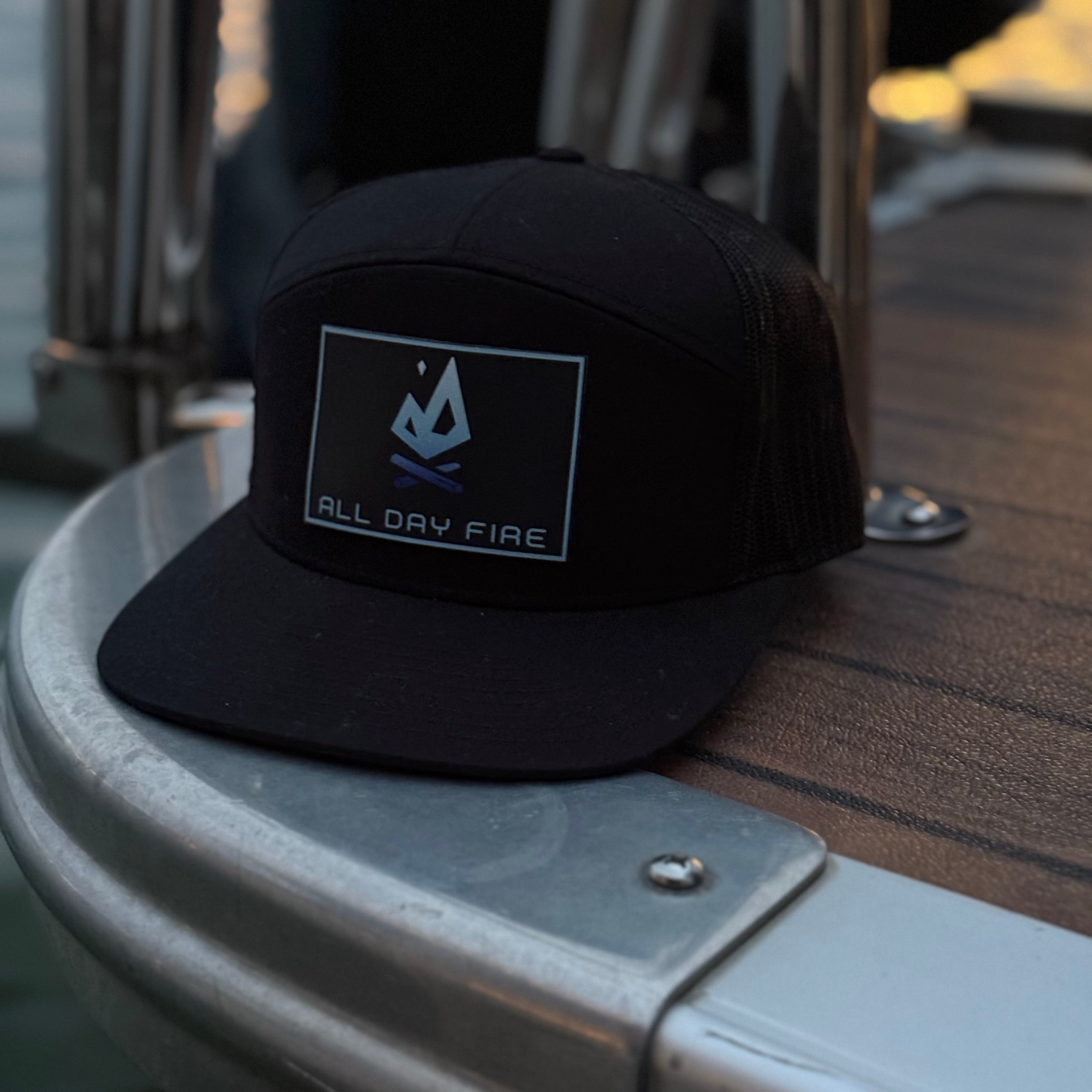Black Richardson 168 7 panel snapback with All Day Fire Outfitters logo patch. Outdoor camping and fishing hat for everyday wear.