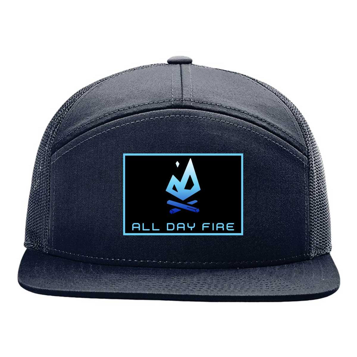 Navy Richardson 168 7 panel snapback featuring the All Day Fire Outfitters logo patch. Comfortable and durable camping and outdoor snapback hat.
