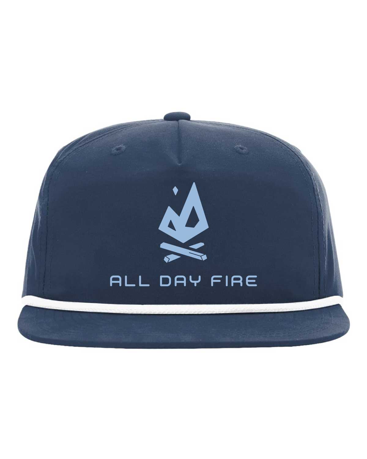 Product ImaNavy Richardson 256 ropestyle snapback featuring the Columbia Blue All Day Fire Outfitters logo. Outdoor hat available with white or red rope detail.ge