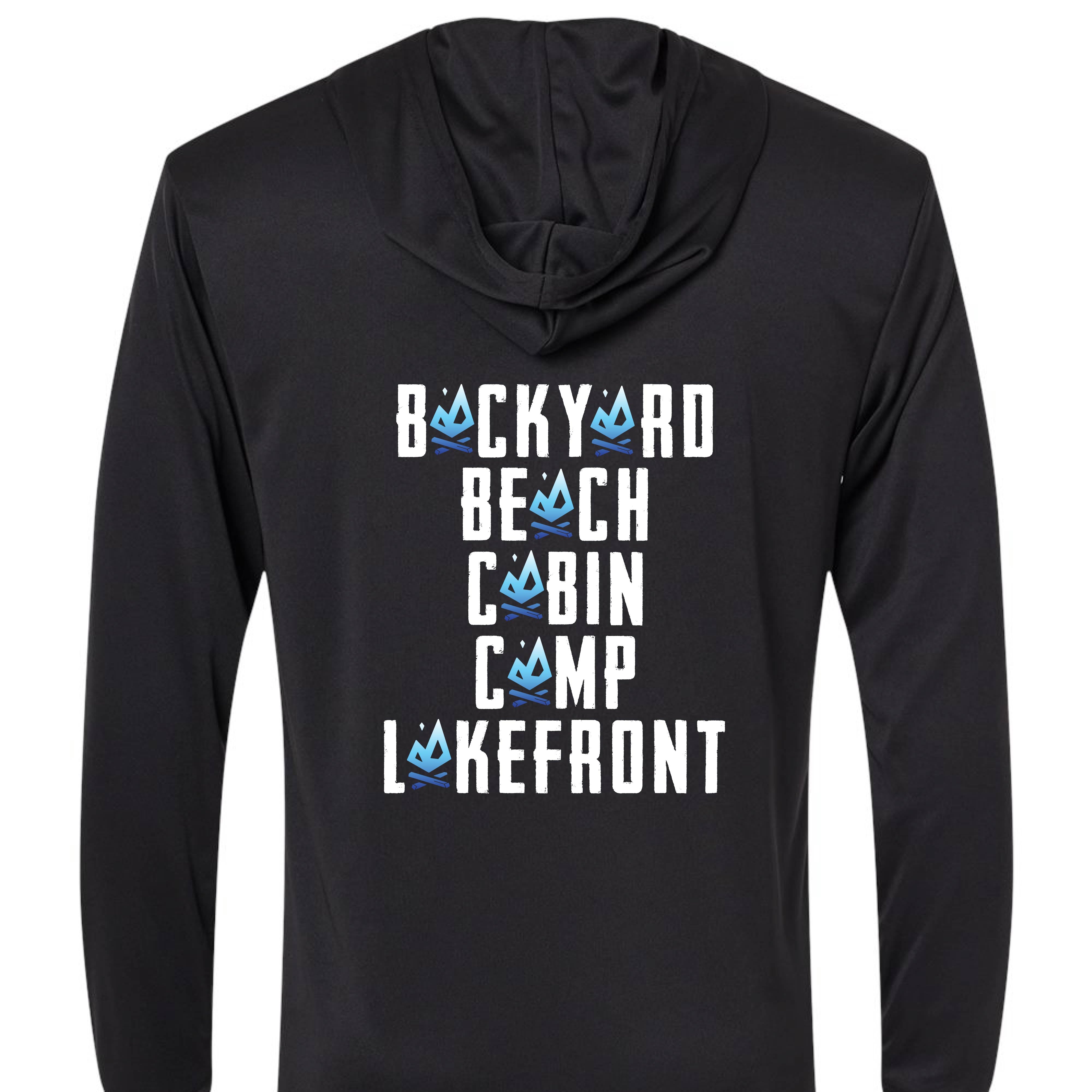 Lightweight hooded tee with “Backyard, Beach, Cabin, Camp, Lakefront” design and All Day Fire logos. Outdoor apparel built for comfort and performance.