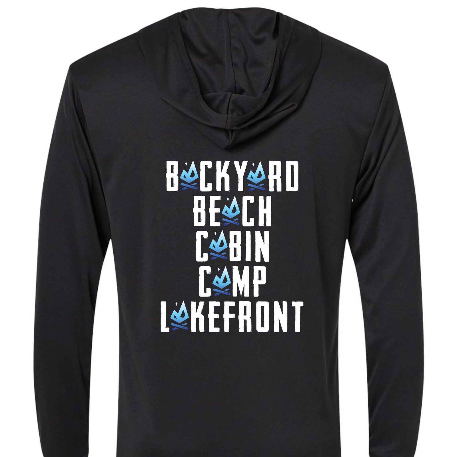Lightweight hooded tee with “Backyard, Beach, Cabin, Camp, Lakefront” design and All Day Fire logos. Outdoor apparel built for comfort and performance.