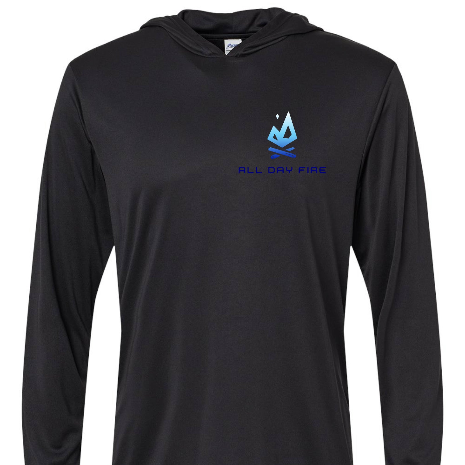 Lightweight polyester hooded tee featuring the All Day Fire Outfitters logo on the chest. Long-sleeve outdoor shirt designed for camping and adventure.
