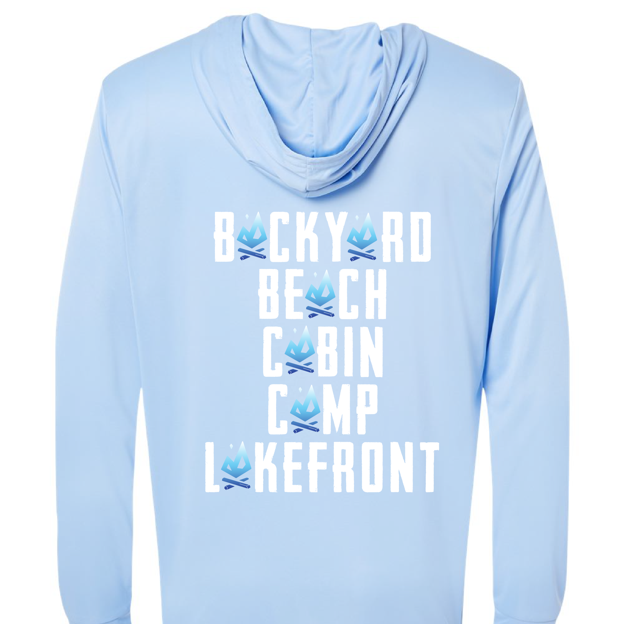 Lightweight hooded tee with “Backyard, Beach, Cabin, Camp, Lakefront” design and All Day Fire logos. Outdoor apparel built for comfort and performance.