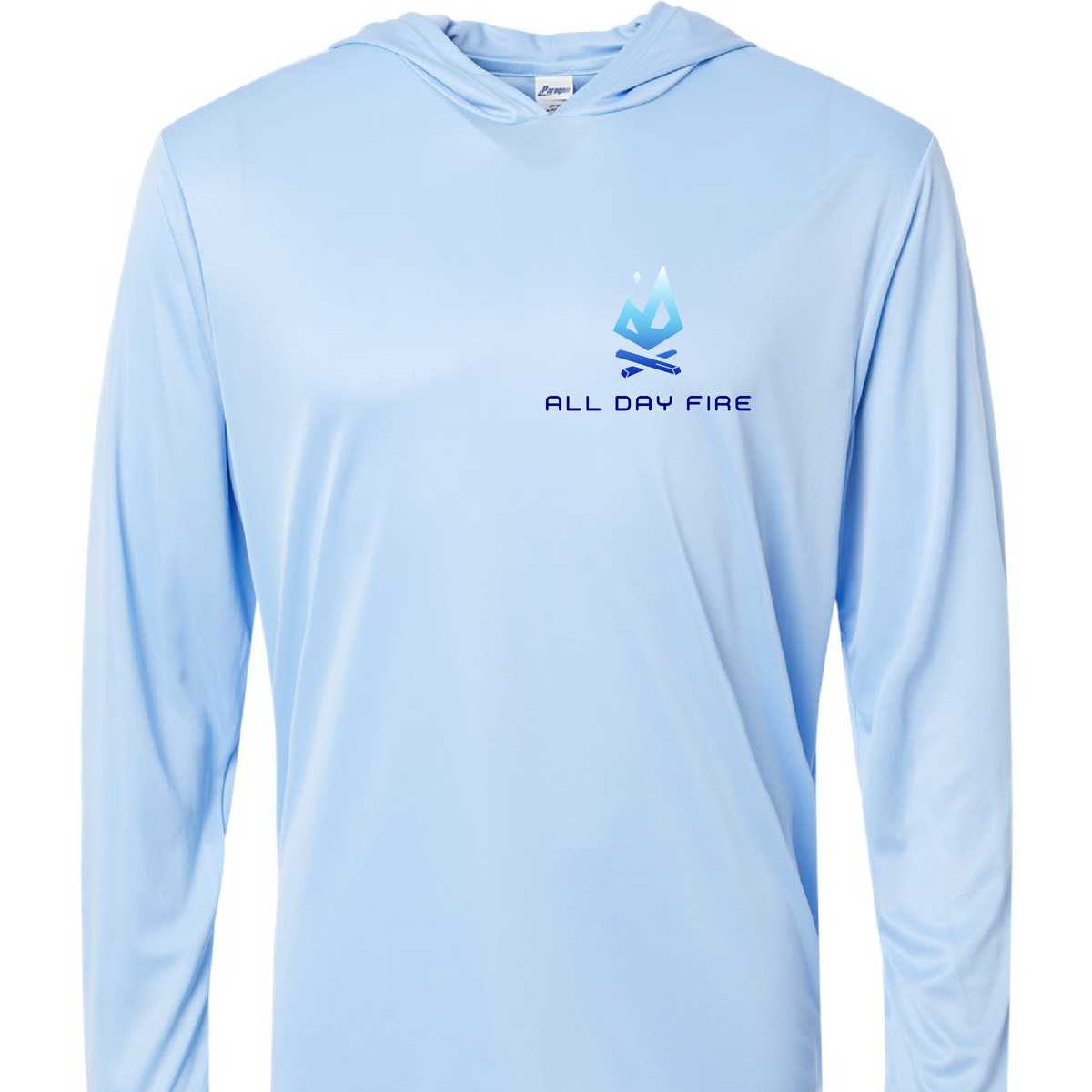 Lightweight polyester hooded tee featuring the All Day Fire Outfitters logo on the chest. Long-sleeve outdoor shirt designed for camping and adventure.