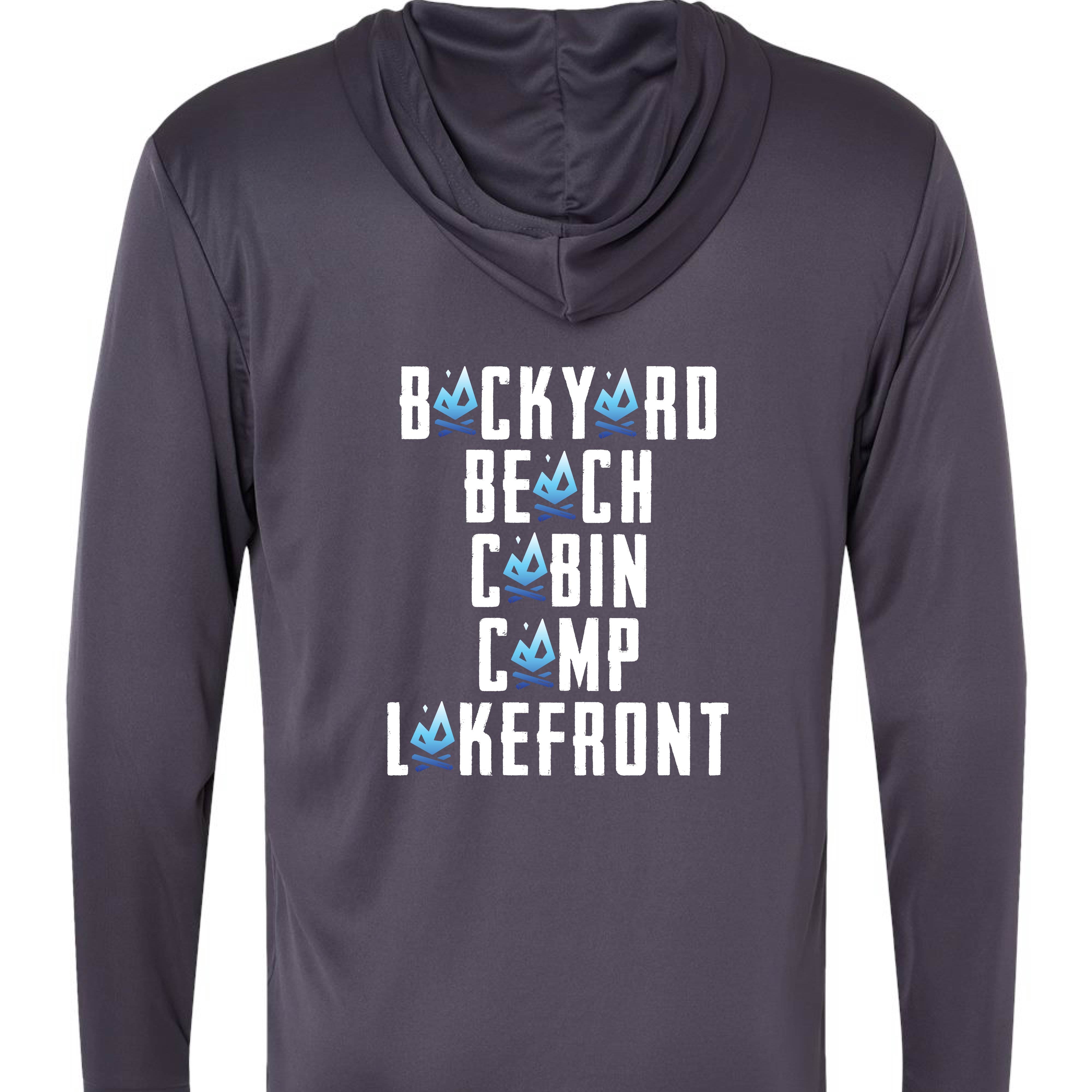Lightweight hooded tee with “Backyard, Beach, Cabin, Camp, Lakefront” design and All Day Fire logos. Outdoor apparel built for comfort and performance.