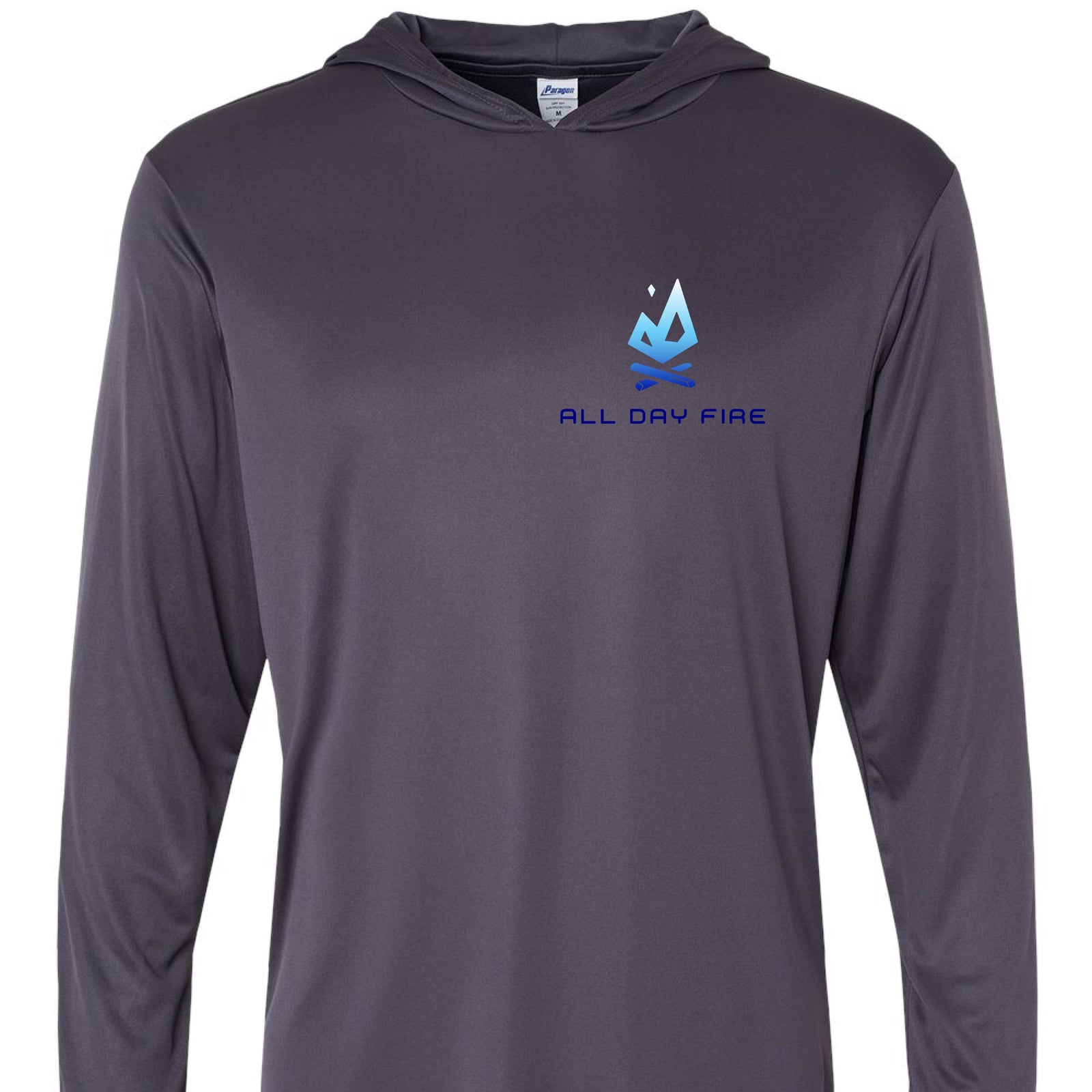 Lightweight polyester hooded tee featuring the All Day Fire Outfitters logo on the chest. Long-sleeve outdoor shirt designed for camping and adventure.