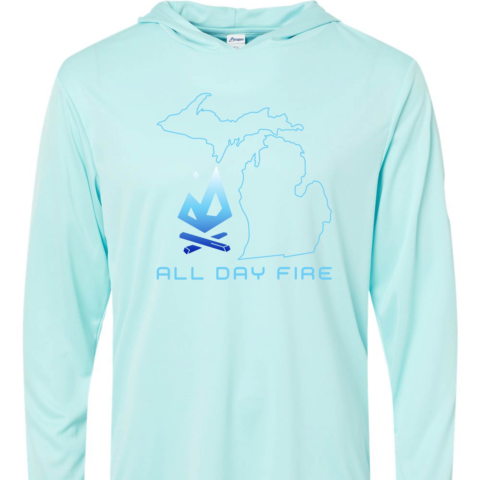 Aqua blue hooded tee with Michigan Edition All Day Fire logo. Cooling performance shirt ideal for camping, fishing, and lake days.