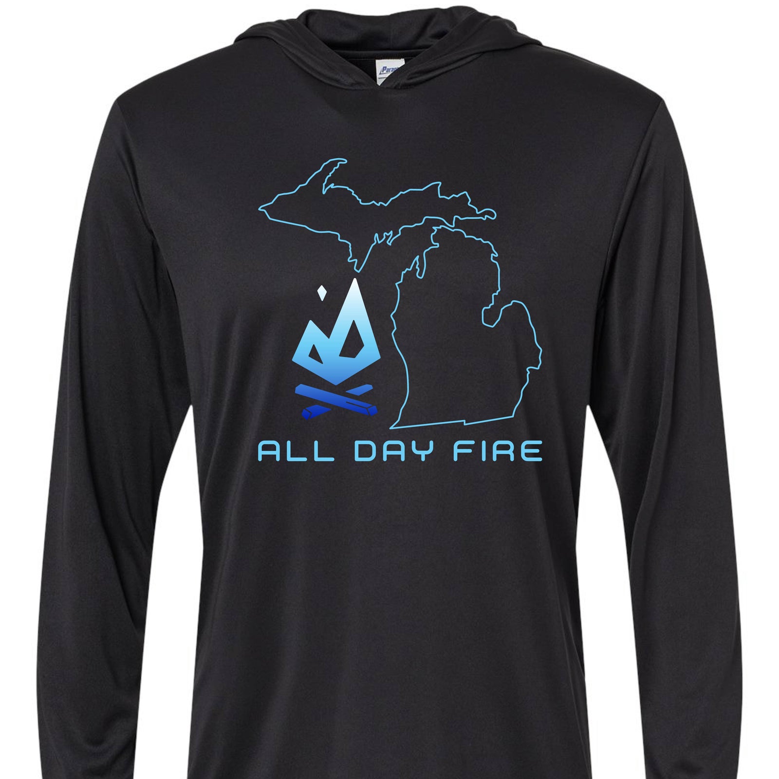 Black hooded tee with Michigan outline and All Day Fire logo. Lightweight outdoor performance shirt for camping and fishing.