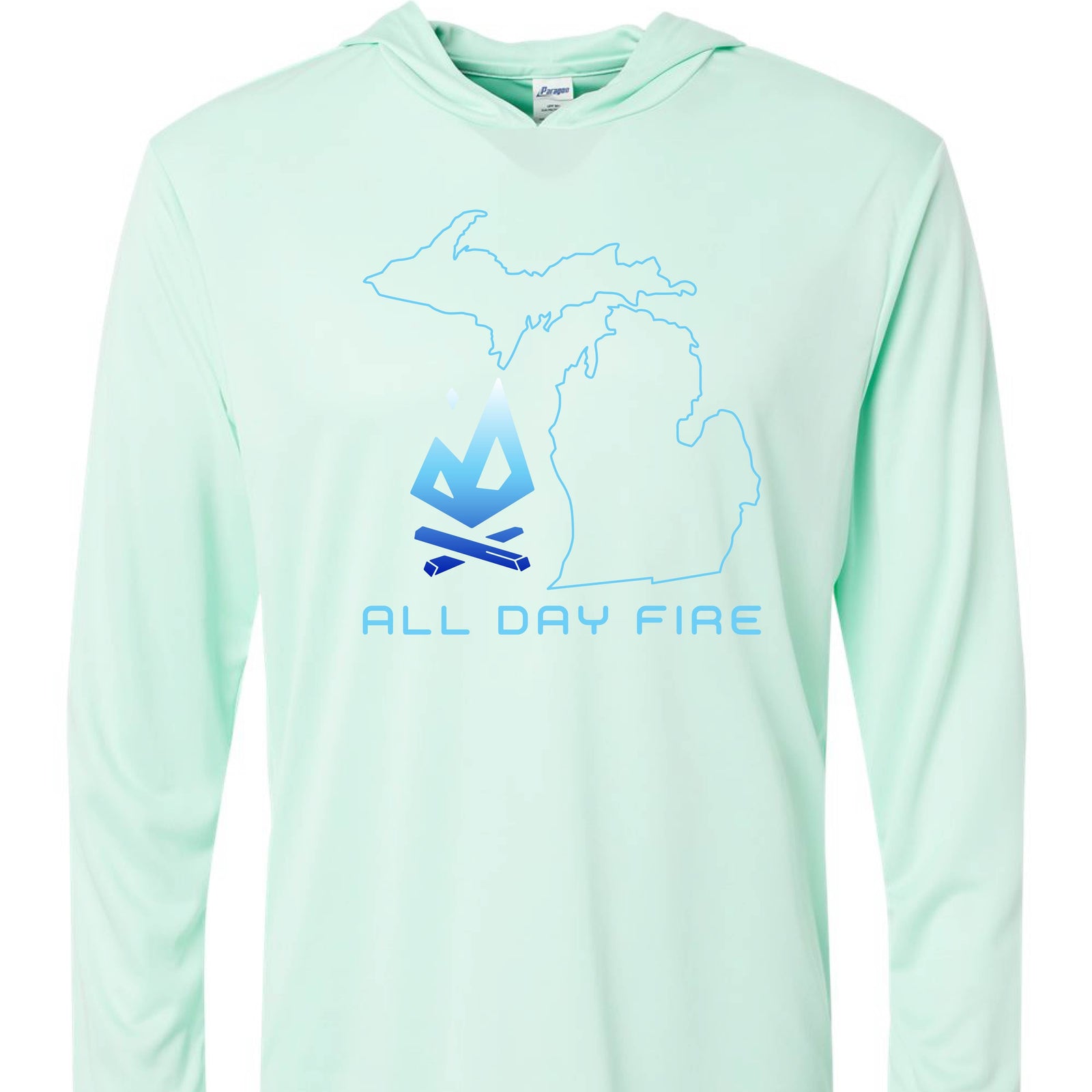 Mint green Michigan Edition hooded tee with All Day Fire logo. Lightweight polyester long sleeve built for the outdoors.