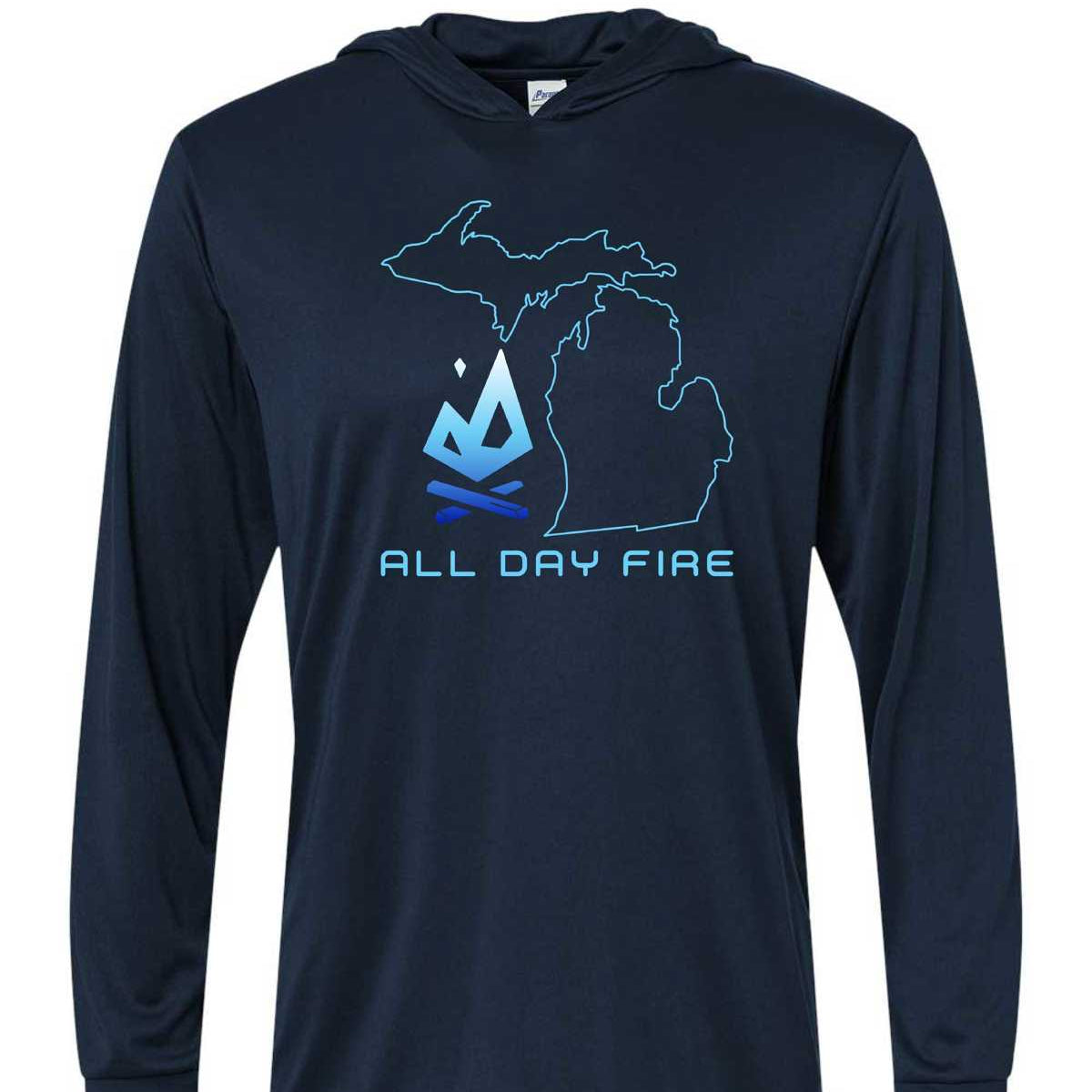 Navy hooded tee with Michigan Edition All Day Fire logo. Comfortable performance fabric perfect for fishing and camp life.