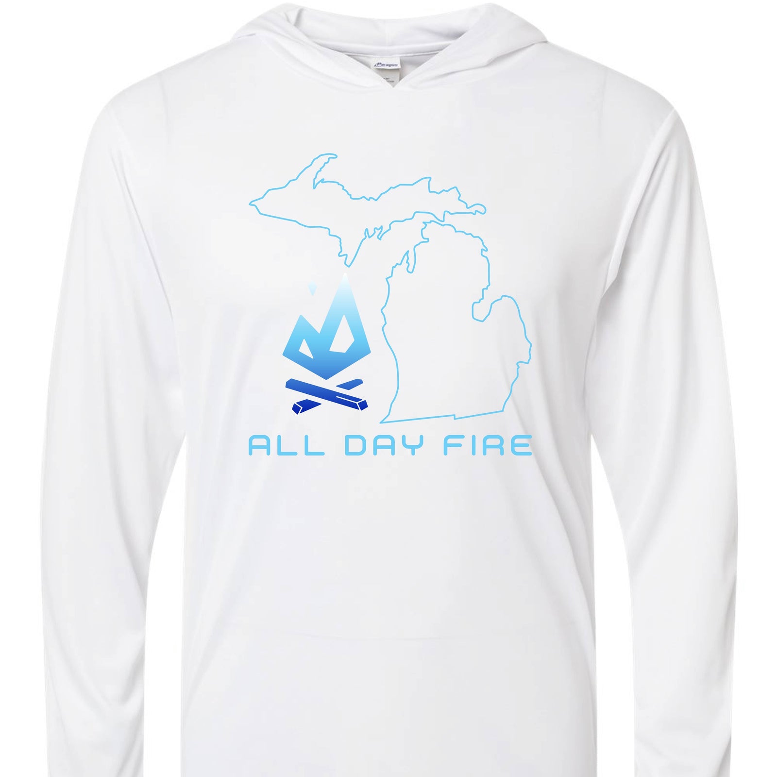 White hooded tee featuring Michigan Edition design and All Day Fire logo. Breathable polyester long sleeve for outdoor adventures.