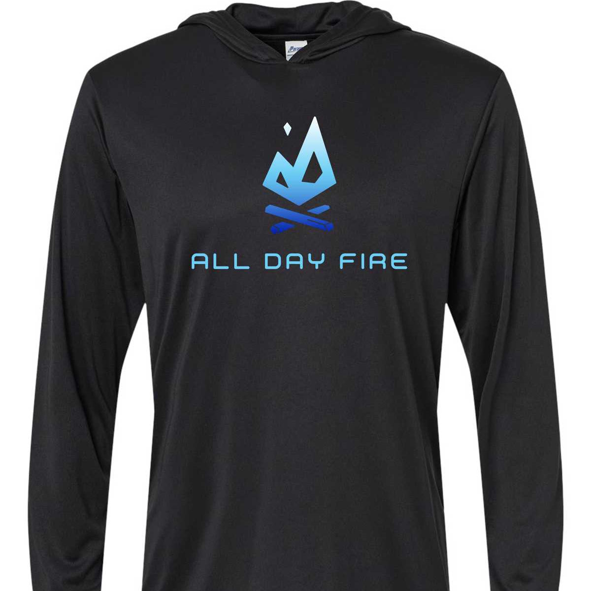 Black hooded tee with All Day Fire Outfitters logo. Lightweight performance fishing and camping shirt made for outdoor adventures.