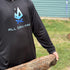 Black hooded tee with All Day Fire Outfitters logo. Lightweight performance fishing and camping shirt made for outdoor adventures.