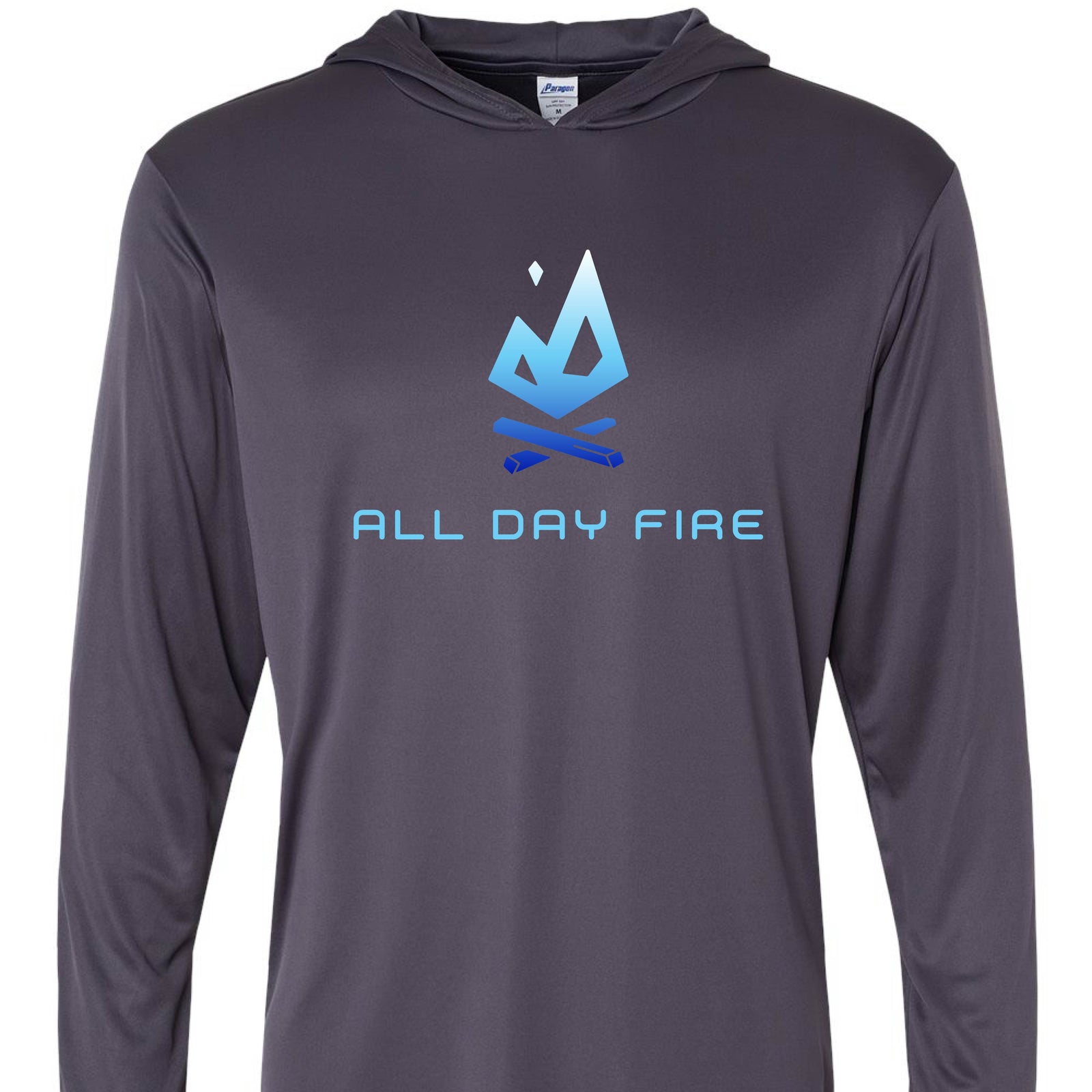 Graphite hooded tee featuring the All Day Fire Outfitters logo. Quick-dry outdoor shirt built for fishing, hiking, and camping.