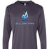 Graphite hooded tee featuring the All Day Fire Outfitters logo. Quick-dry outdoor shirt built for fishing, hiking, and camping.