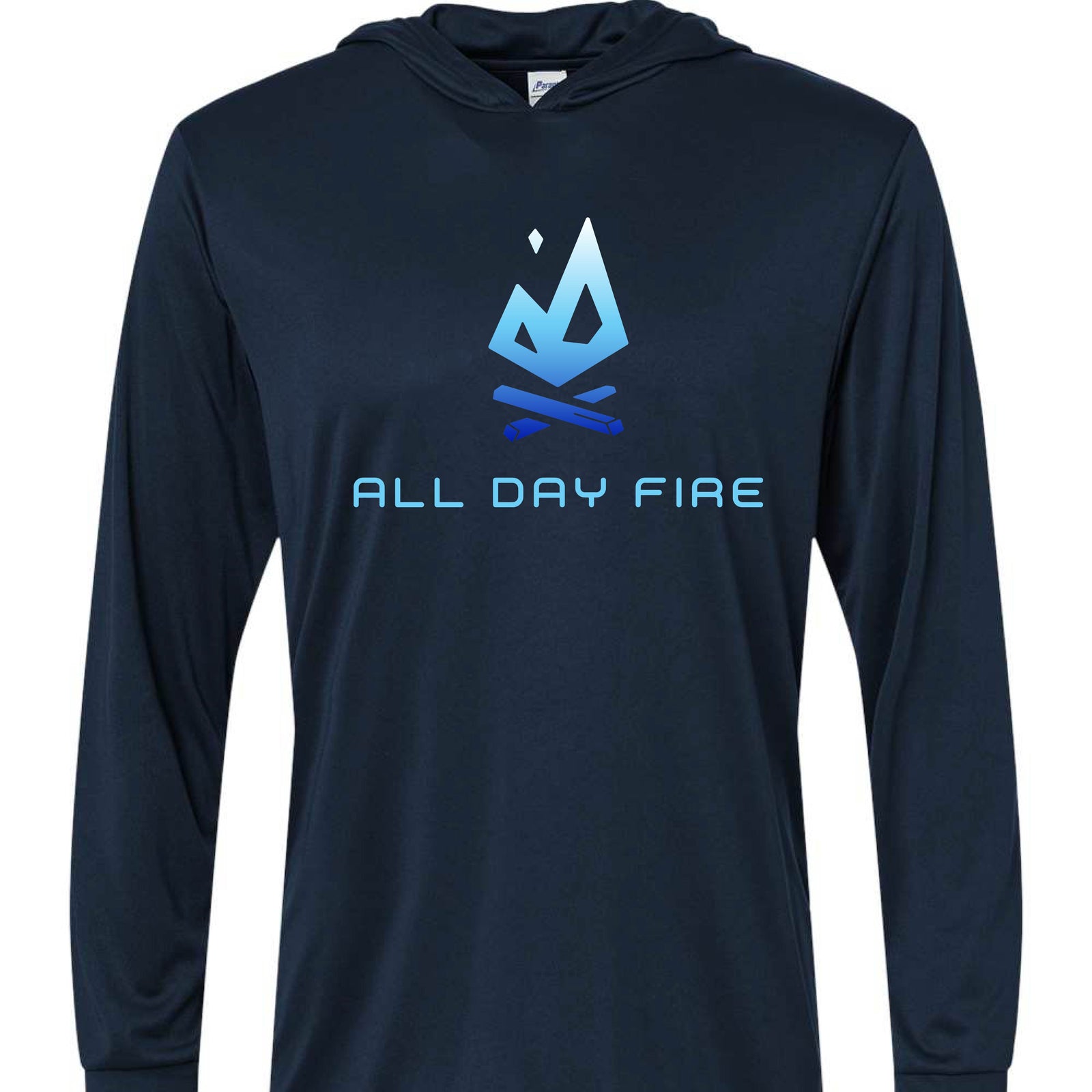 Navy hooded tee with classic All Day Fire logo. Performance polyester long sleeve designed for lake days, camping, and fishing trips.