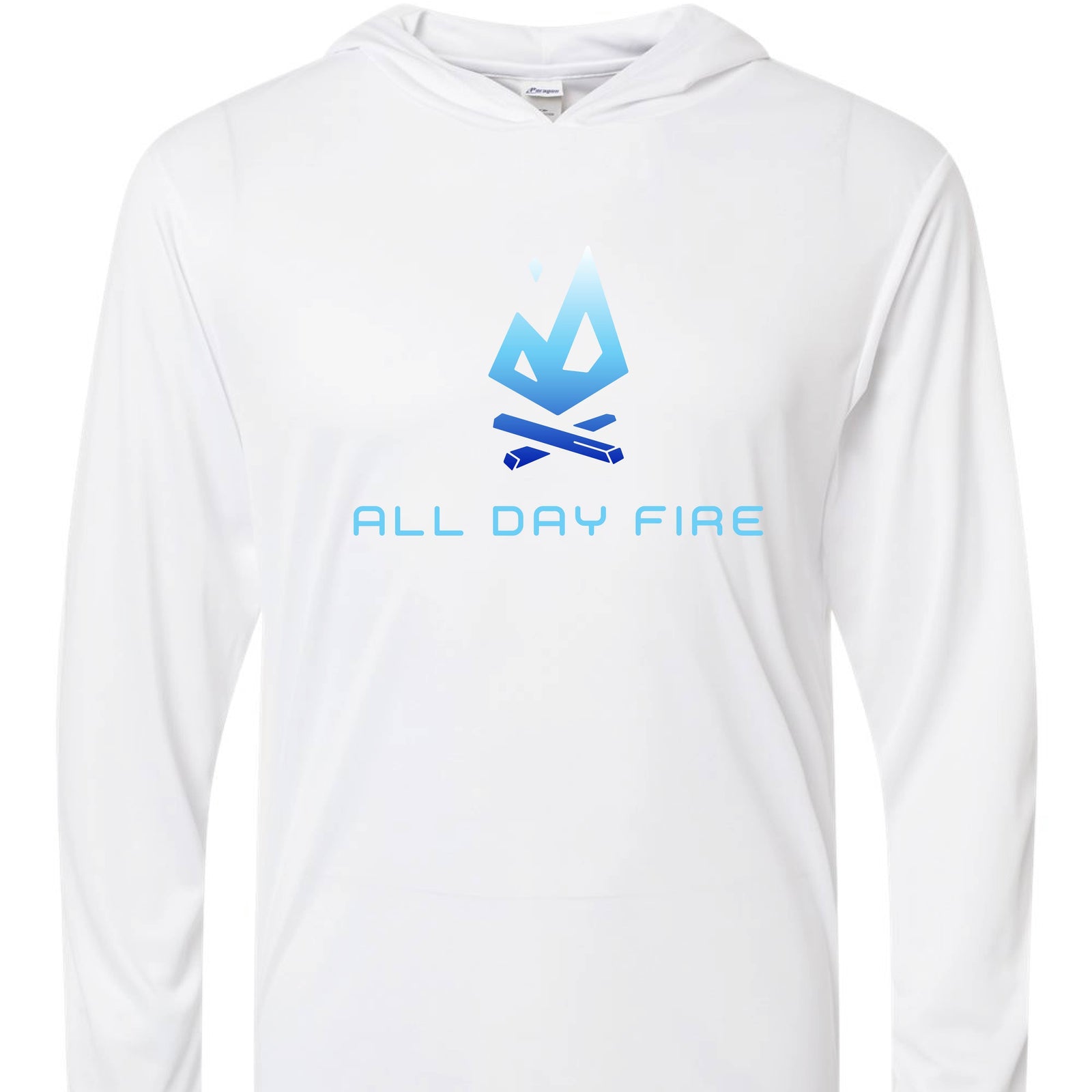 White hooded tee with All Day Fire Outfitters logo. Lightweight moisture-wicking shirt made for outdoor comfort and campfire living.