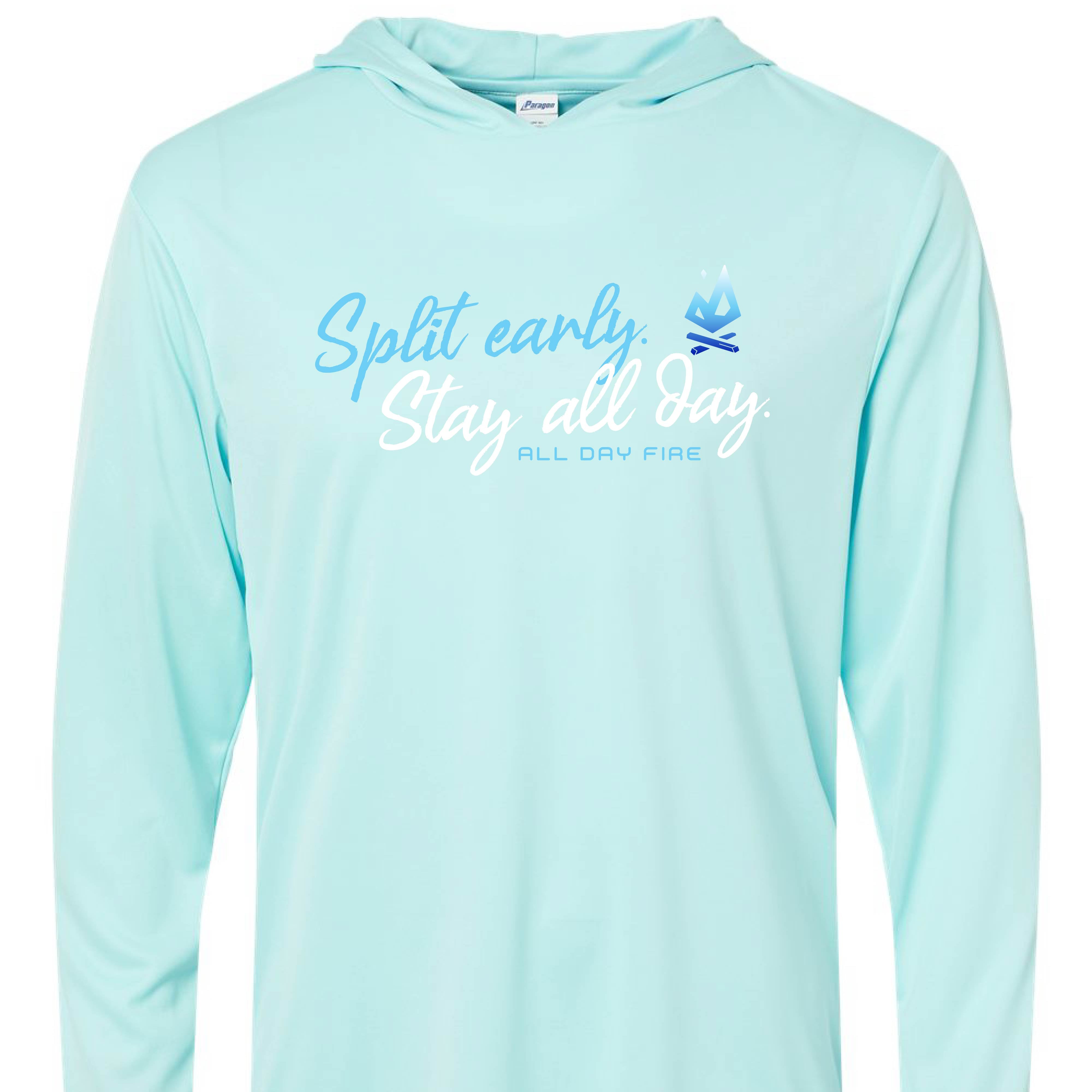 Aqua blue polyester hooded fishing tee with Split Early Stay All Day design and All Day Fire logo. Lightweight outdoor shirt for fishing and lake life.