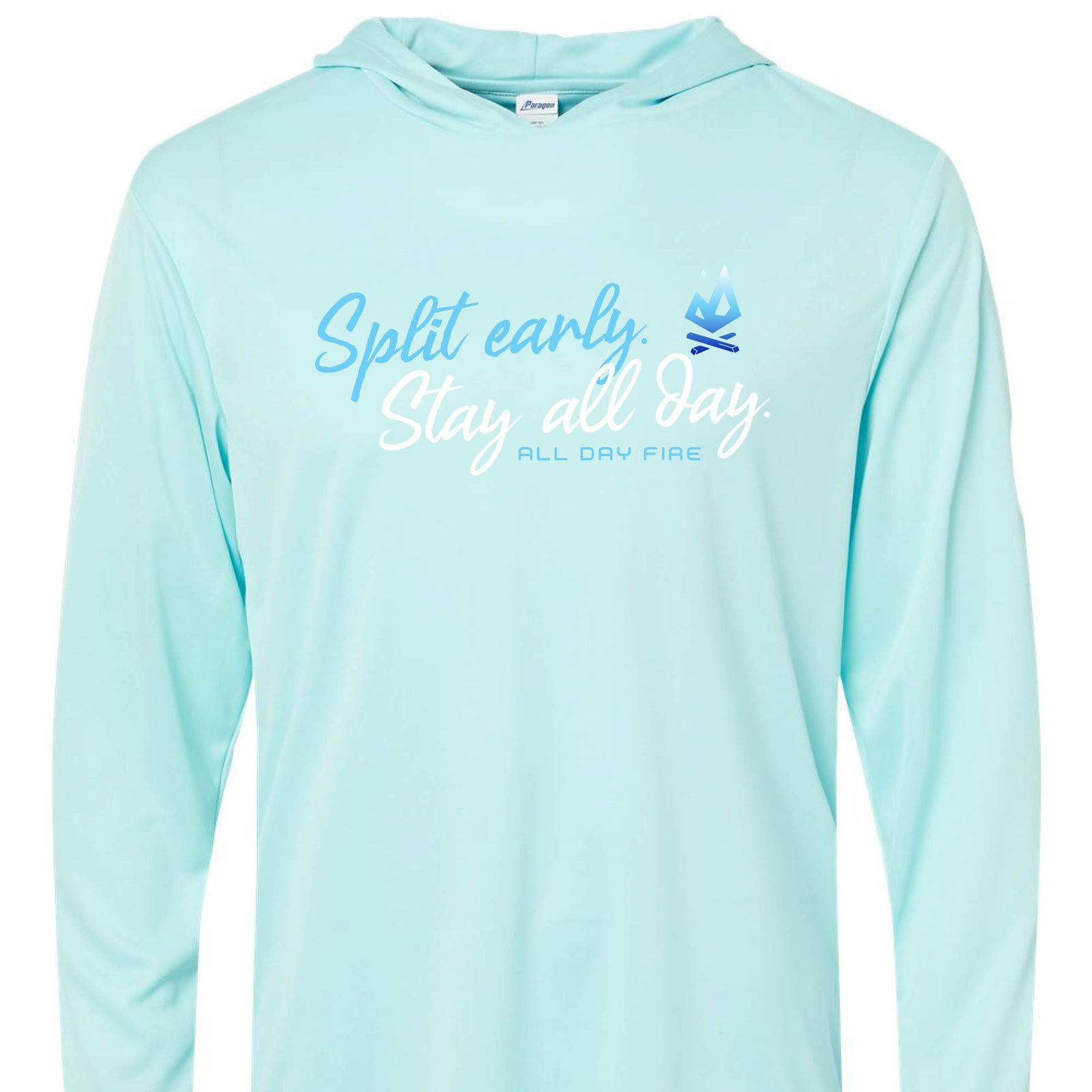 Aqua blue polyester hooded fishing tee with Split Early Stay All Day design and All Day Fire logo. Lightweight outdoor shirt for fishing and lake life.