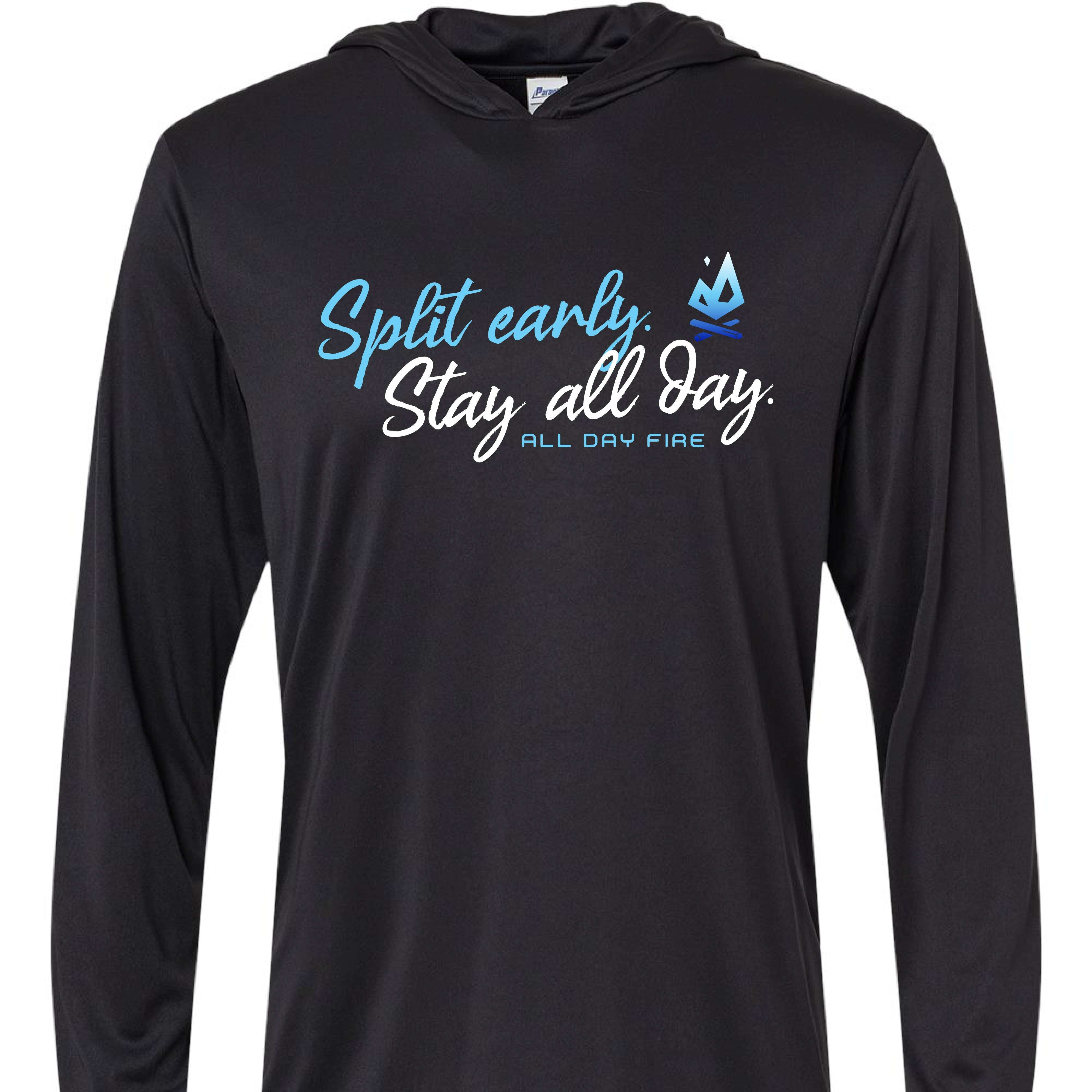 Black hooded fishing tee featuring Split Early Stay All Day slogan and All Day Fire logo. Breathable long sleeve shirt for outdoor comfort.