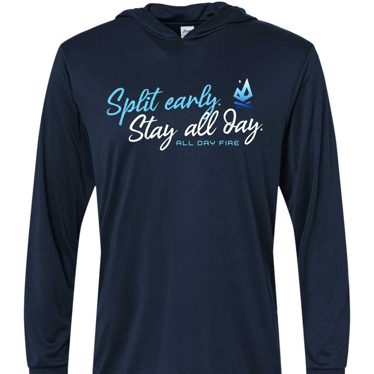 Navy hooded fishing tee with Split Early Stay All Day design. Performance long sleeve shirt perfect for camping, fishing, and family adventures.