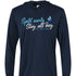 Navy hooded fishing tee with Split Early Stay All Day design. Performance long sleeve shirt perfect for camping, fishing, and family adventures.