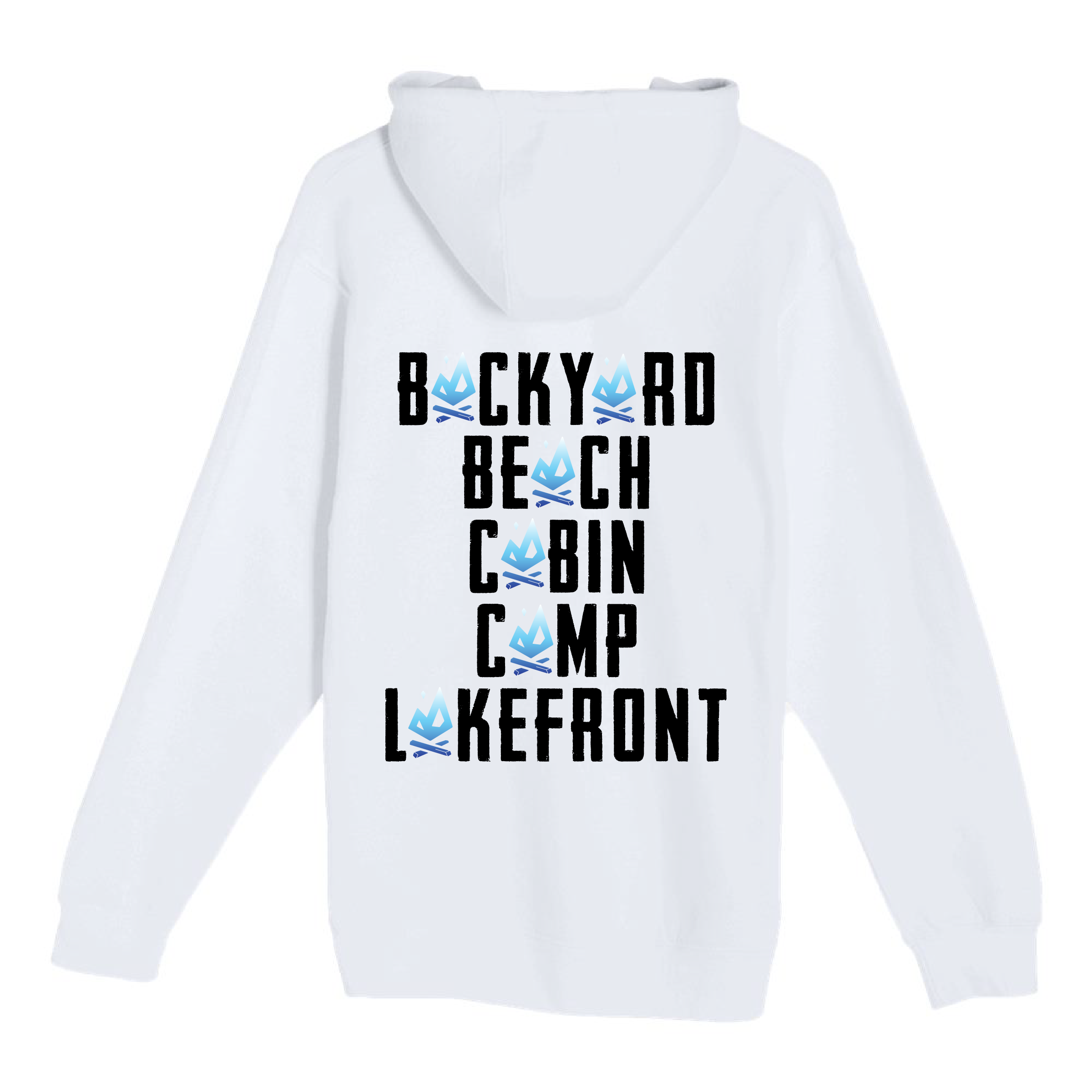 White French Terry hoodie with “Backyard, Beach, Cabin, Camp, Lakefront” design featuring All Day Fire logos. Outdoor-inspired hoodie for all adventures.