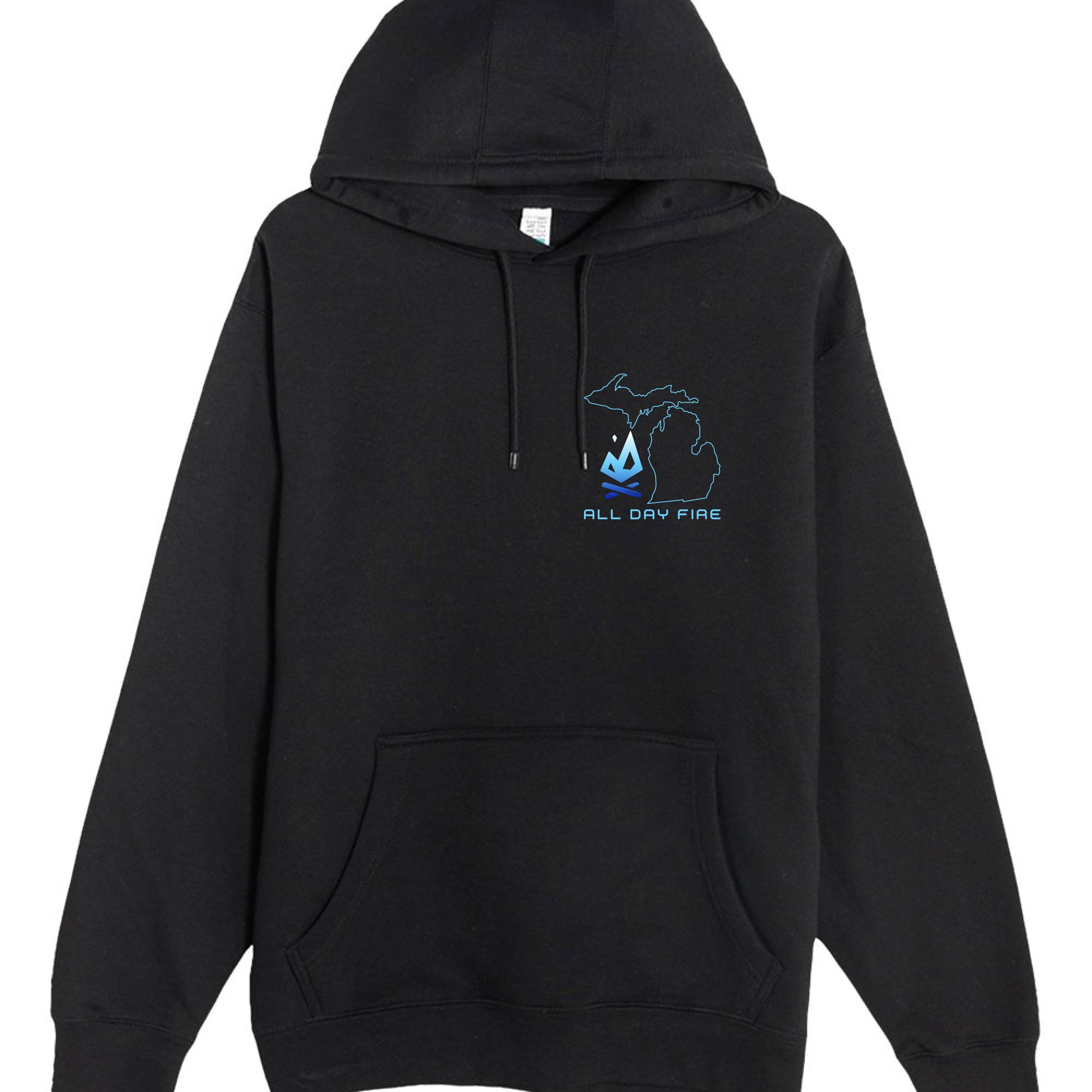 Black hoodie with All Day Fire Michigan Edition logo patch design. Outdoor lifestyle apparel showing Michigan pride and adventure spirit.