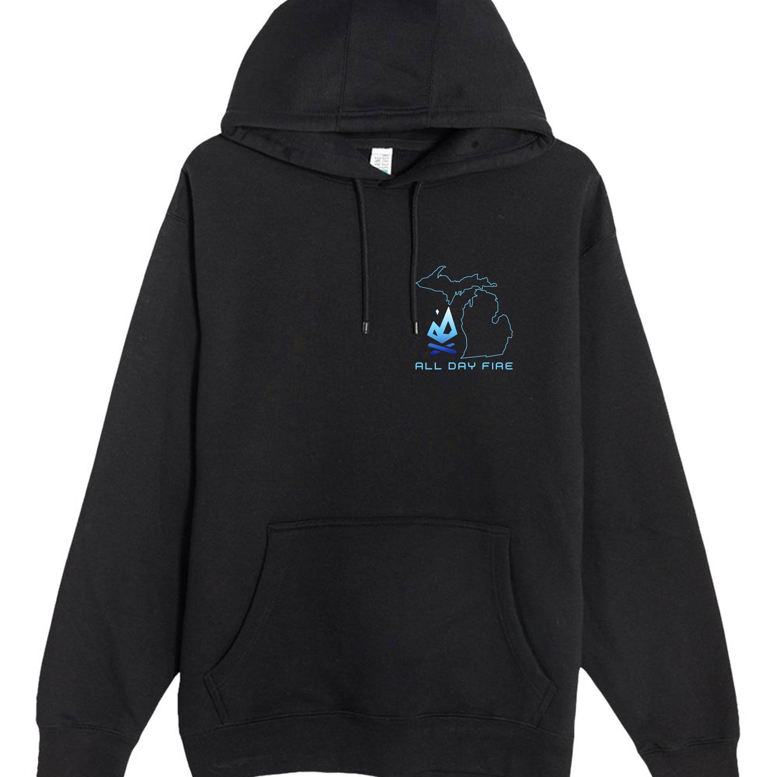 Black hoodie with All Day Fire Michigan Edition logo patch design. Outdoor lifestyle apparel showing Michigan pride and adventure spirit.