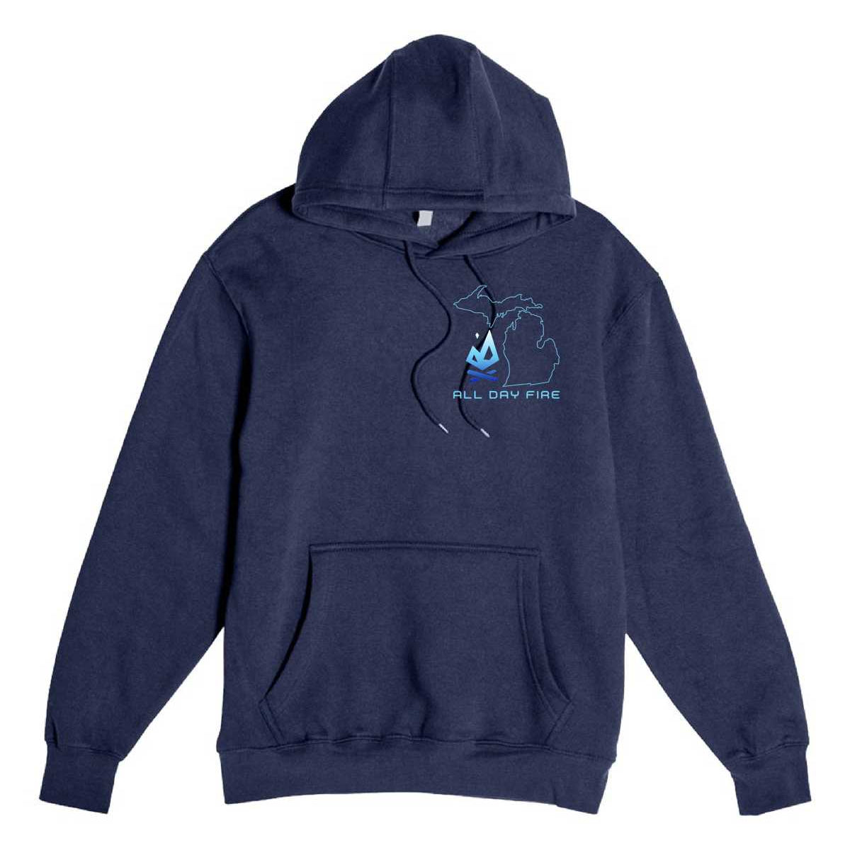 Navy hoodie featuring the Michigan Edition All Day Fire logo design with state outline. Outdoor-inspired clothing for adventure and comfort.