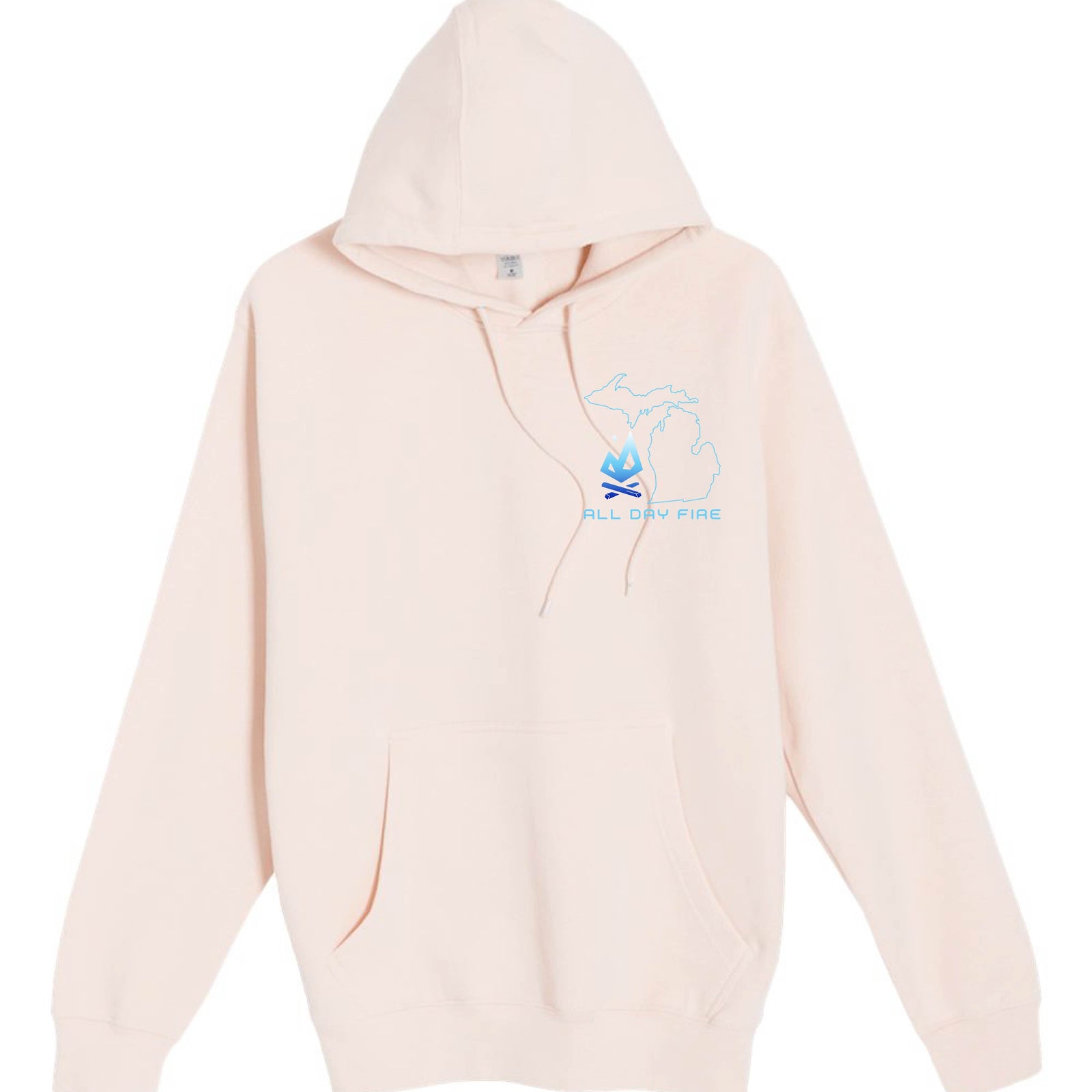 Pale pink hoodie with the All Day Fire Michigan Edition logo design. Comfortable outdoor apparel celebrating Michigan adventure and family.