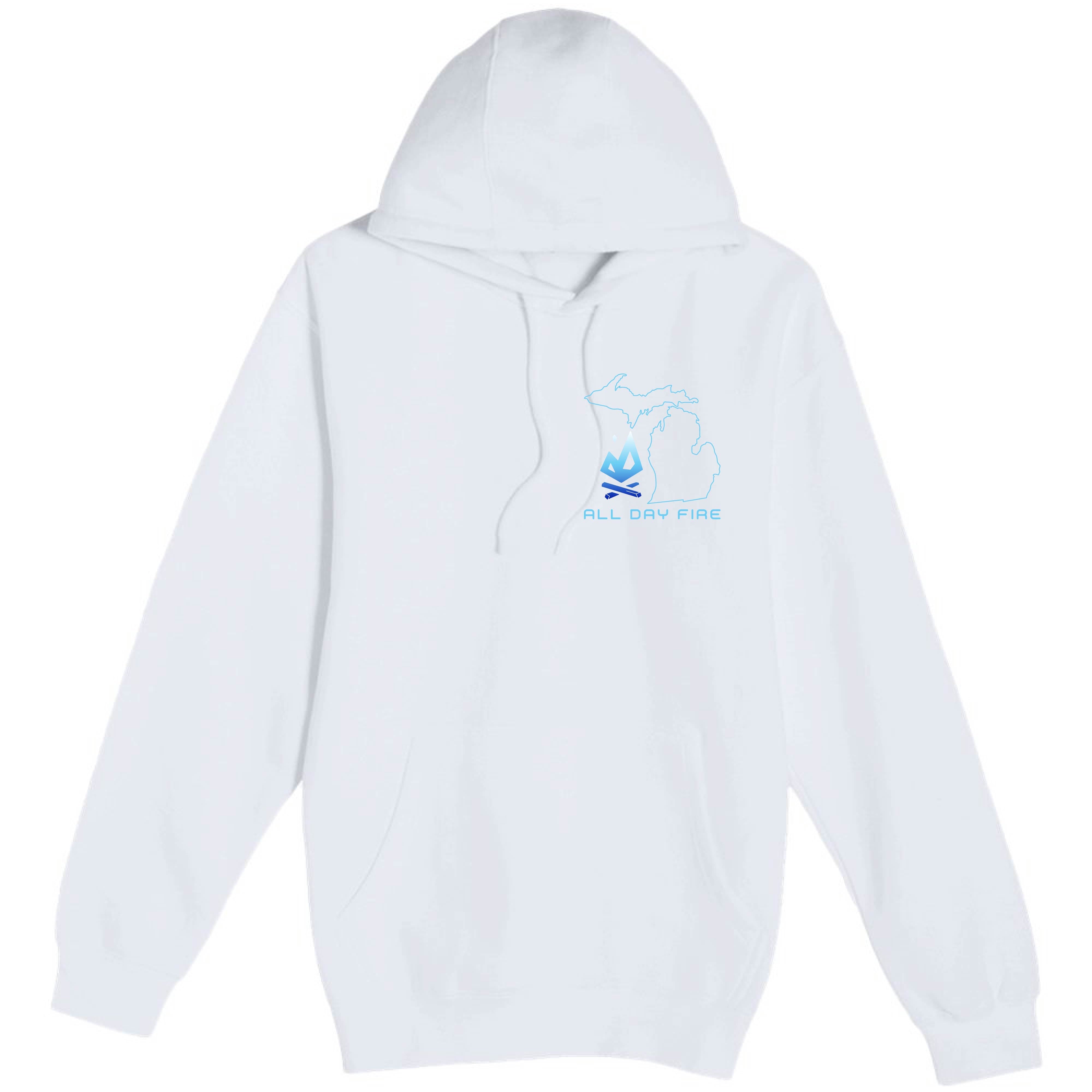 White hoodie featuring the Michigan Edition All Day Fire Outfitters logo intertwined with the state outline. Designed for warmth and outdoor comfort.