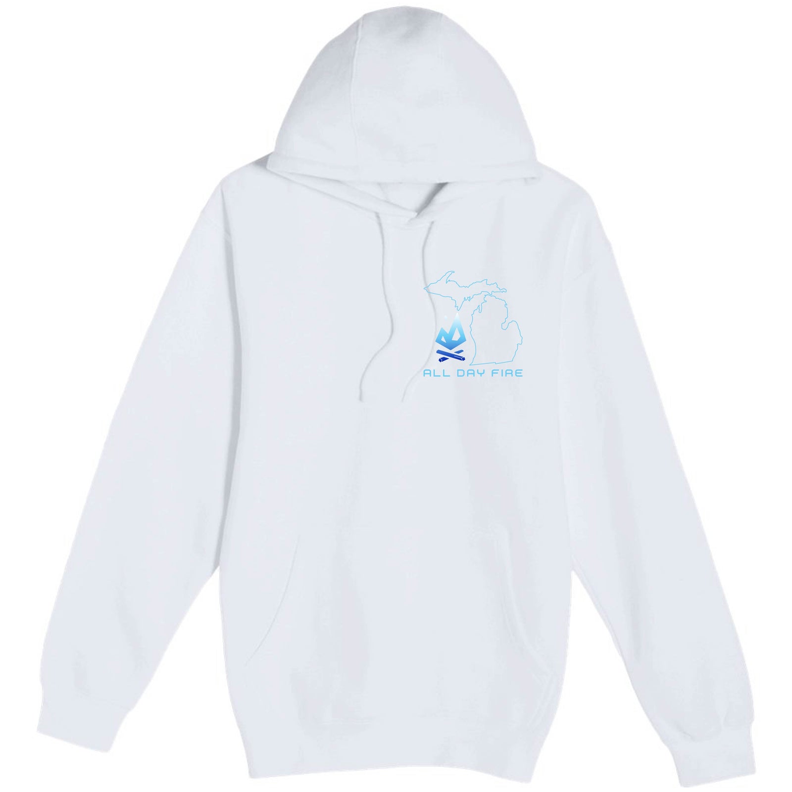White hoodie featuring the Michigan Edition All Day Fire Outfitters logo intertwined with the state outline. Designed for warmth and outdoor comfort.
